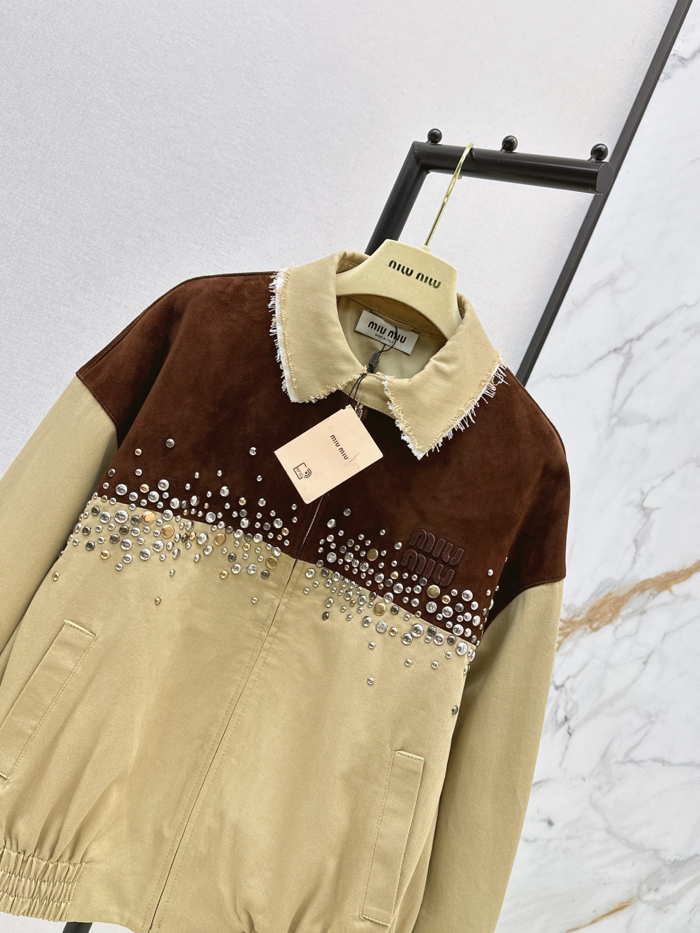 Miu 26ss rhinestone contract suede jacket