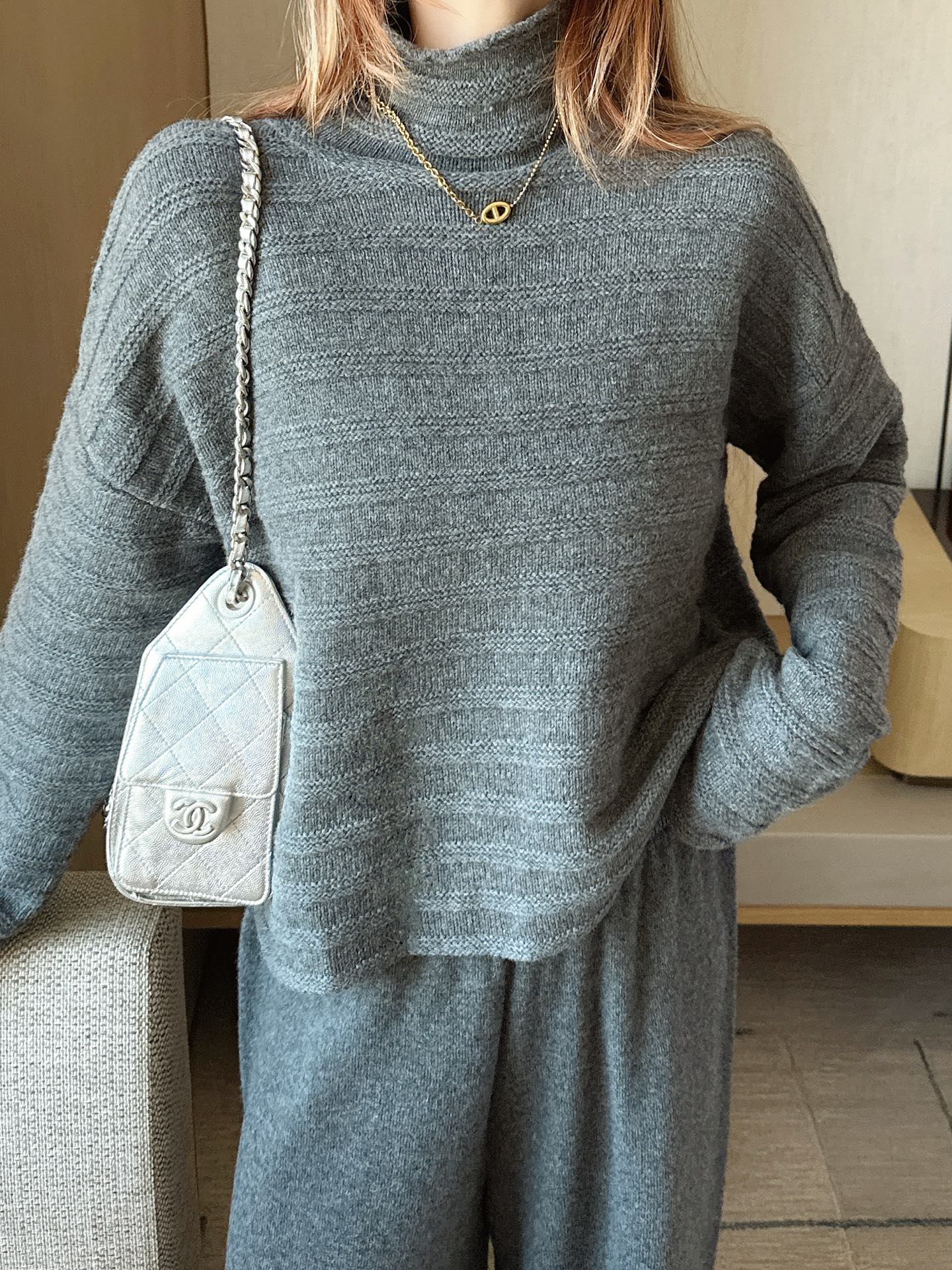 Max 25fw knit suit high neck sweater straight pants outfit sets