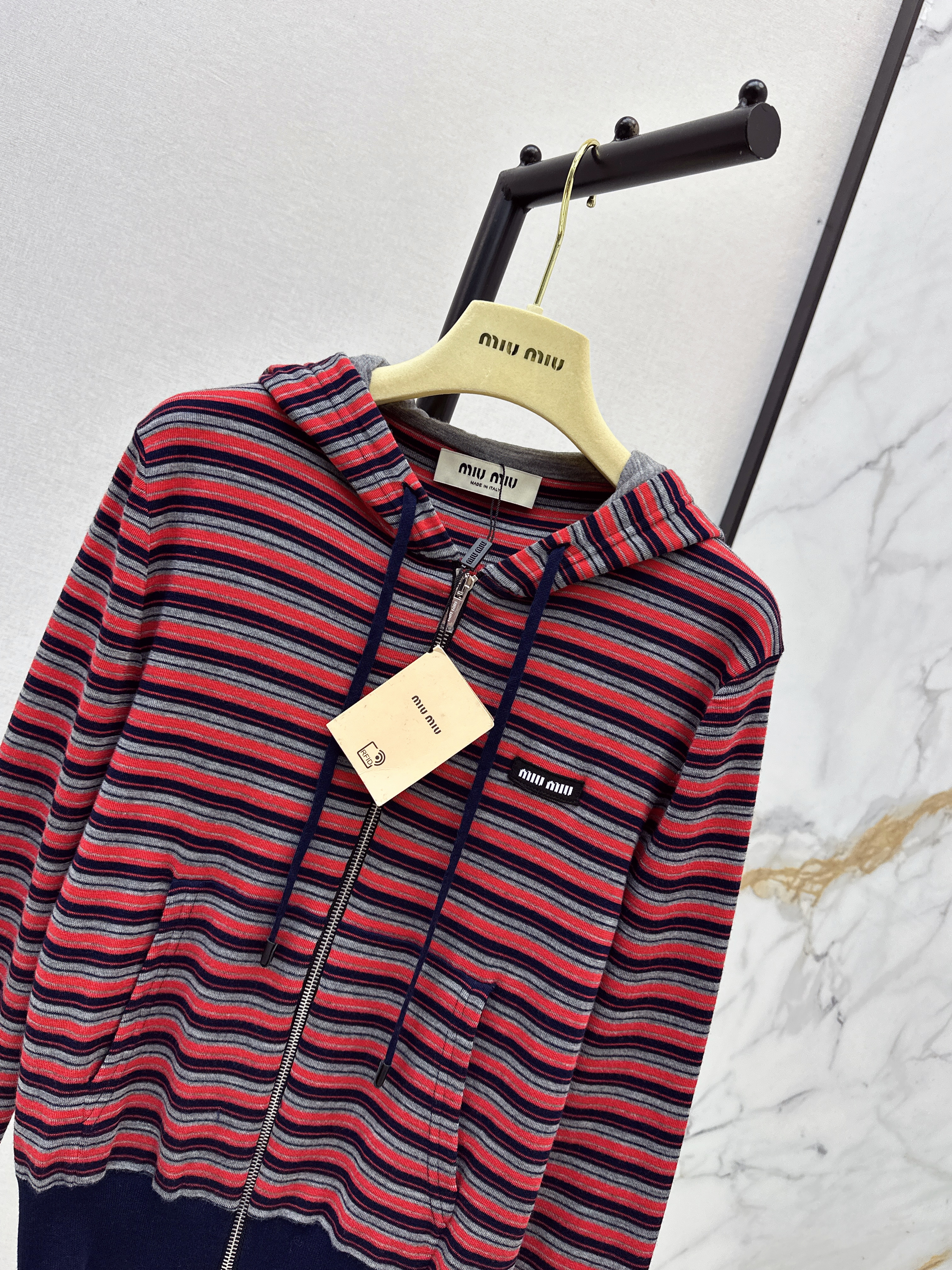 Miu 26ss stripe hooded cardigan