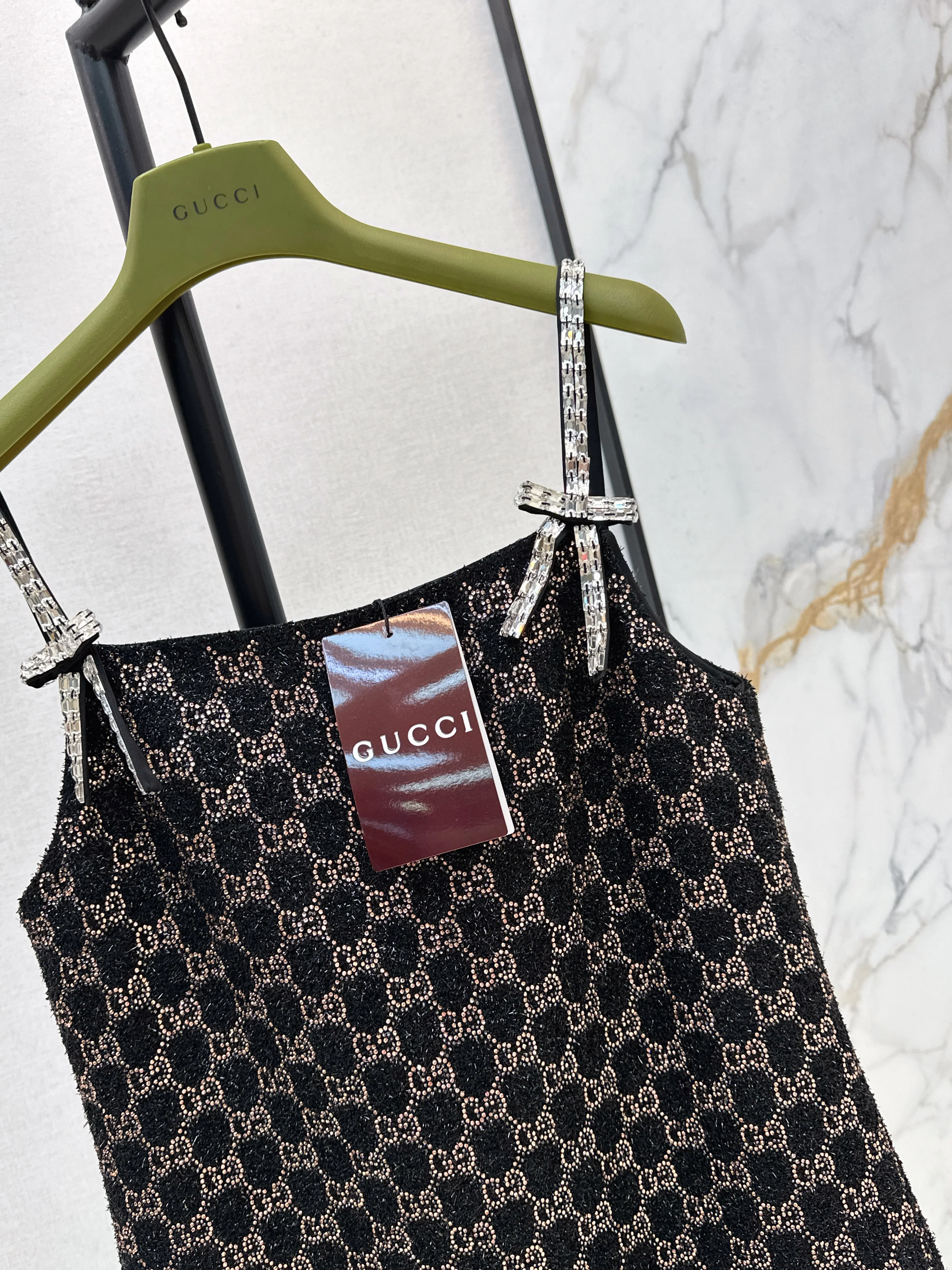 Gucc 26ss dimon crystal diamond woven slip dress