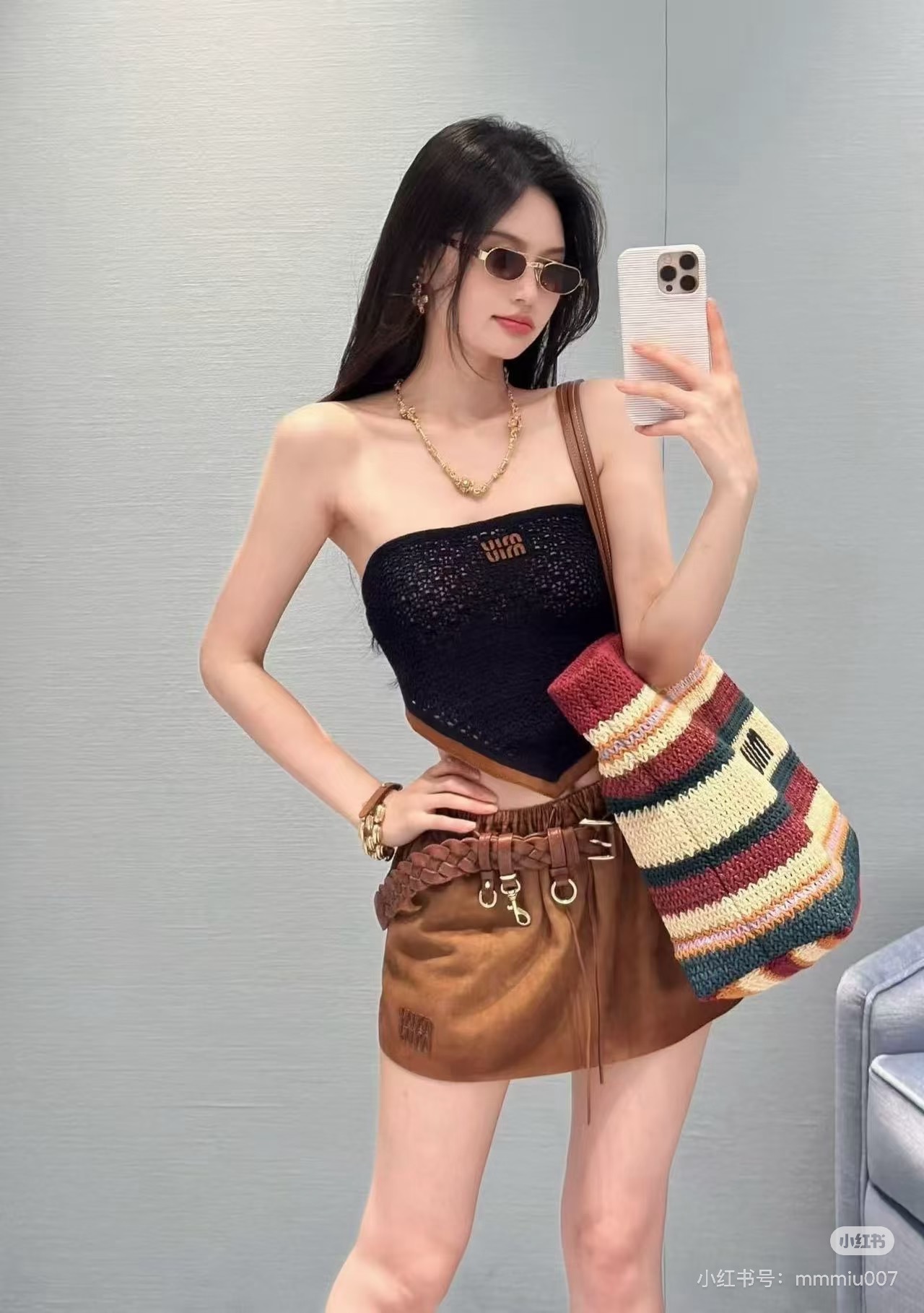 Miu 26ss knit tube top mini skirt set