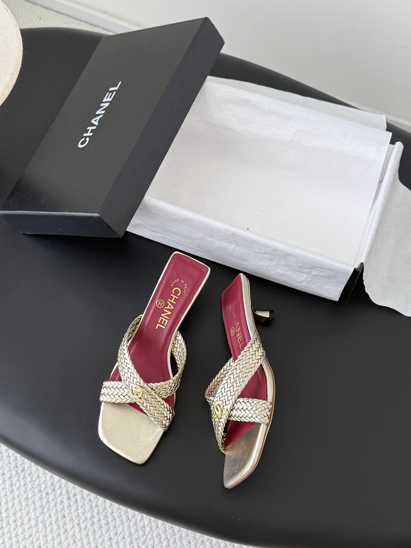 Chan 26ss cross-strap heeled mule sandals