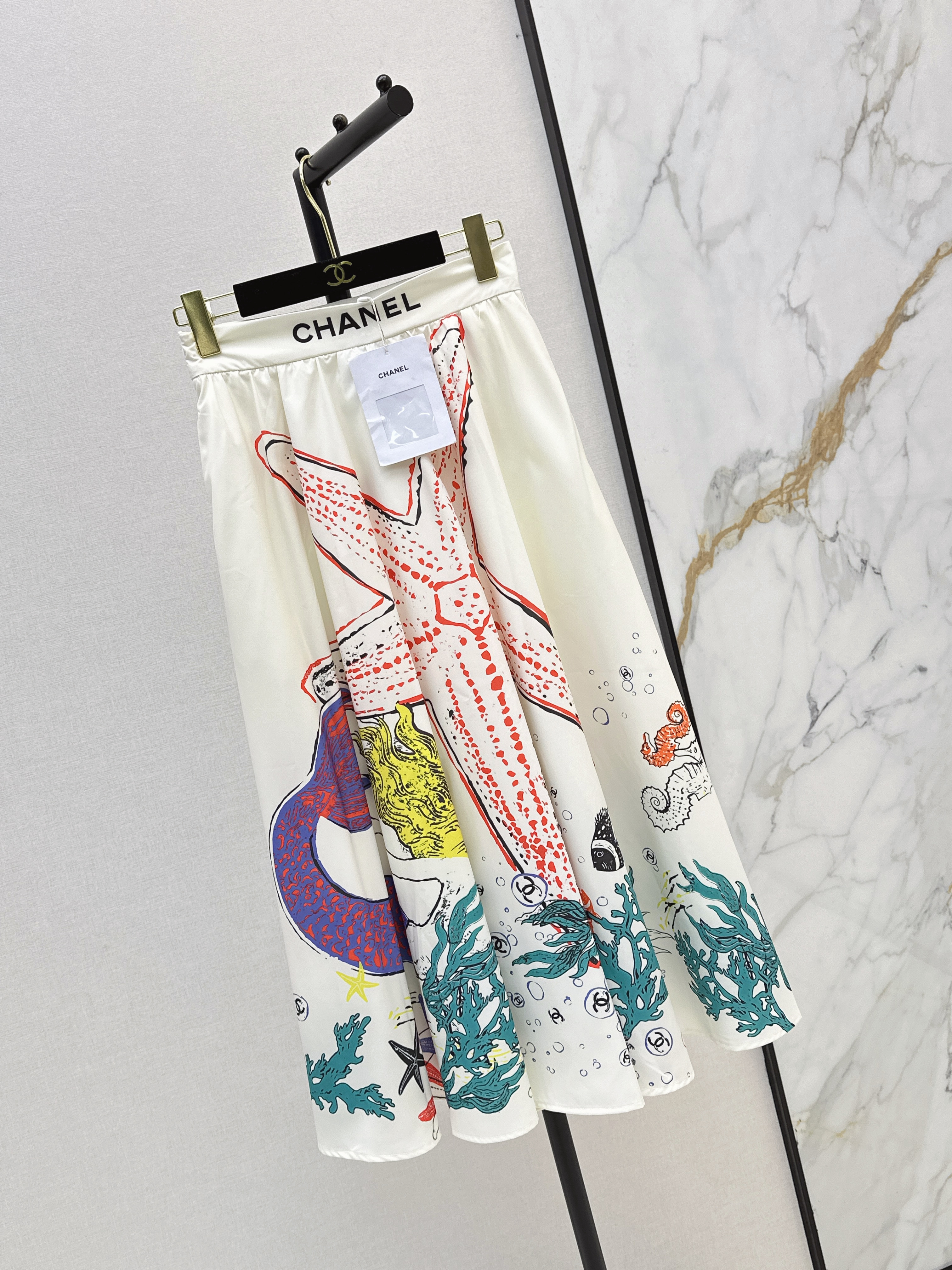 Chan 26ss Ocean Print A-Line Midi Skirt