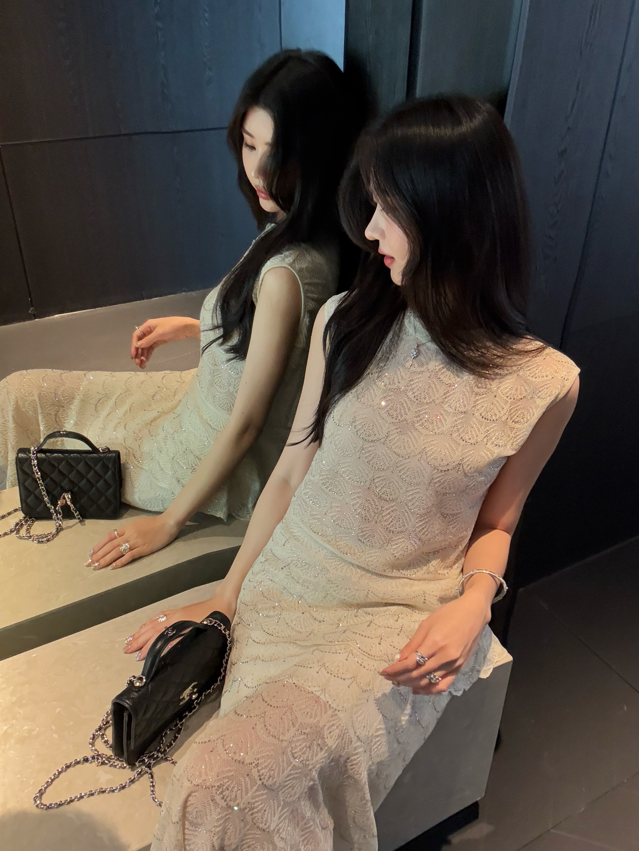 Chan 26ss rhinestone knitwear skirt set