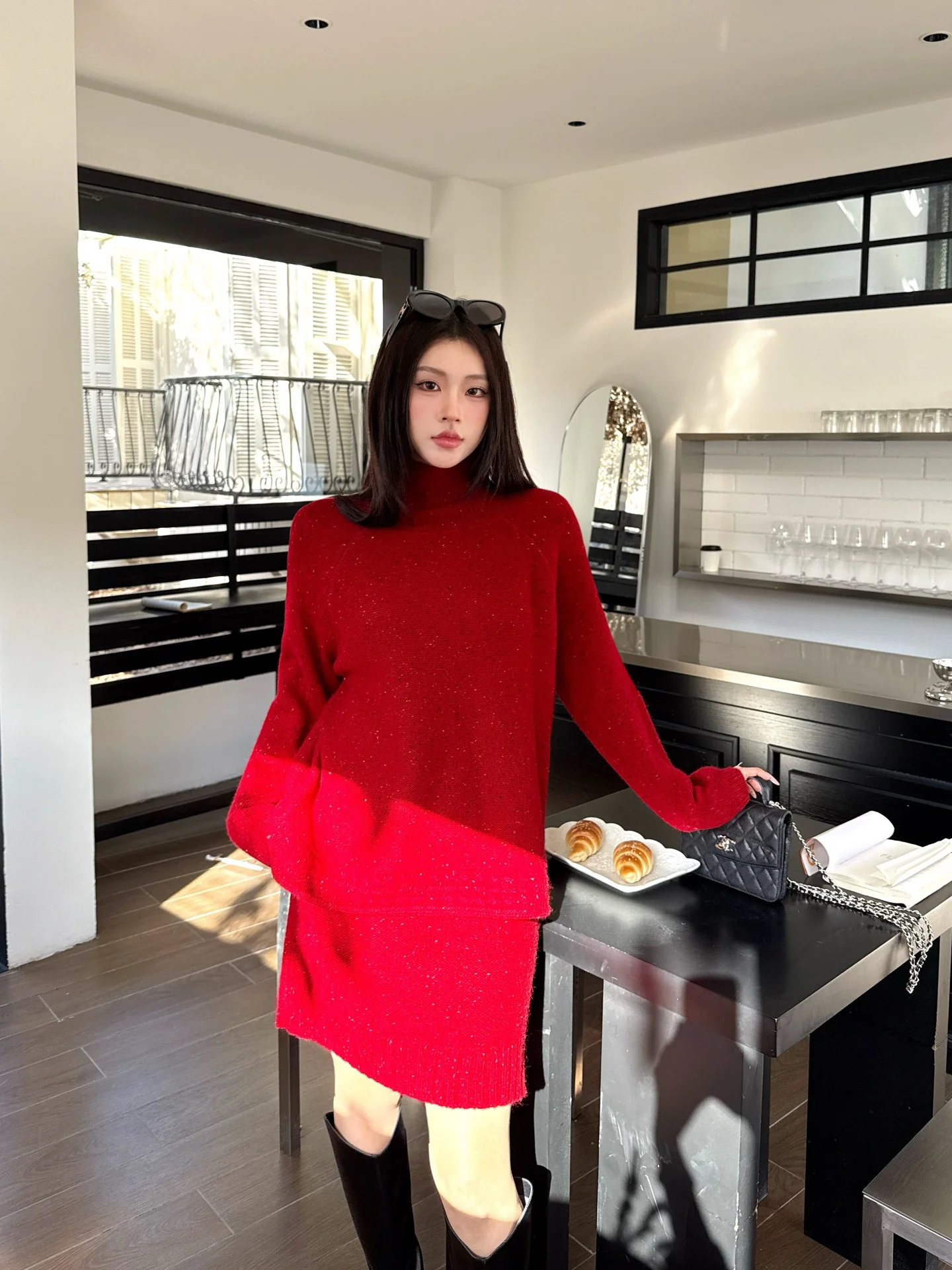 Brun 26ss knit high neck sweater+skirt outfit set