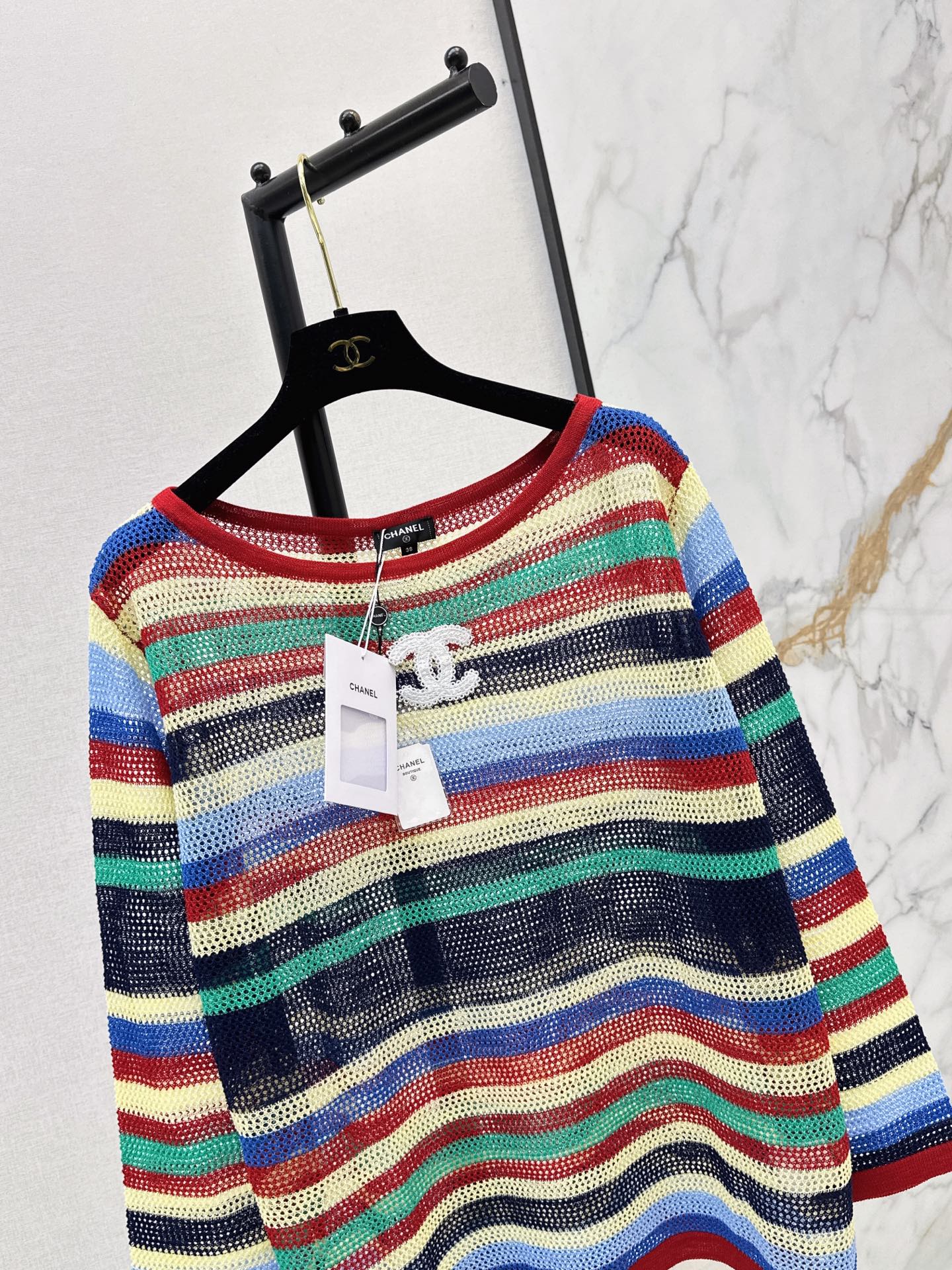 Chan 26ss stripe hollow knitwear