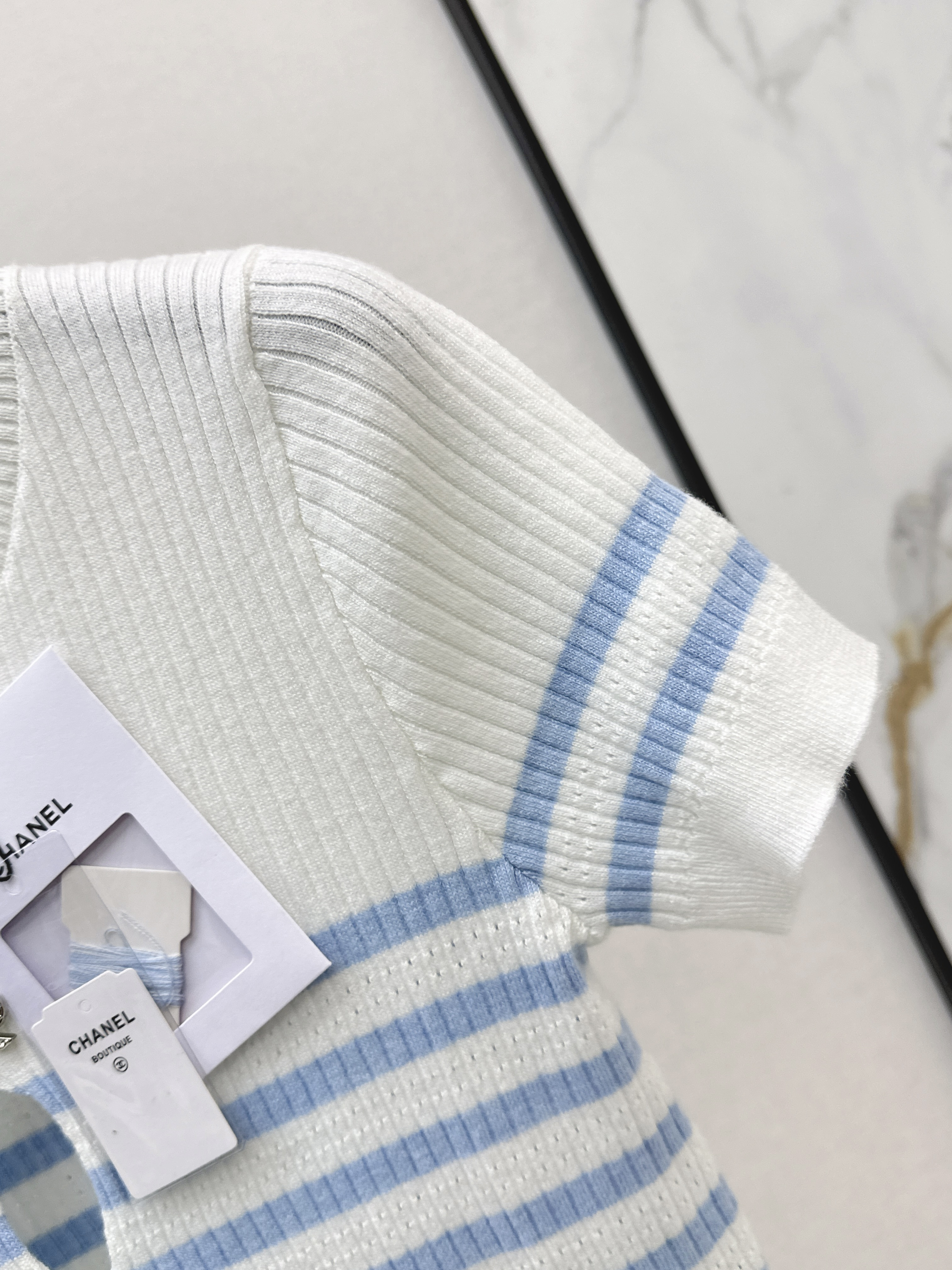 Chan 26SS White and Blue Striped Knit Top