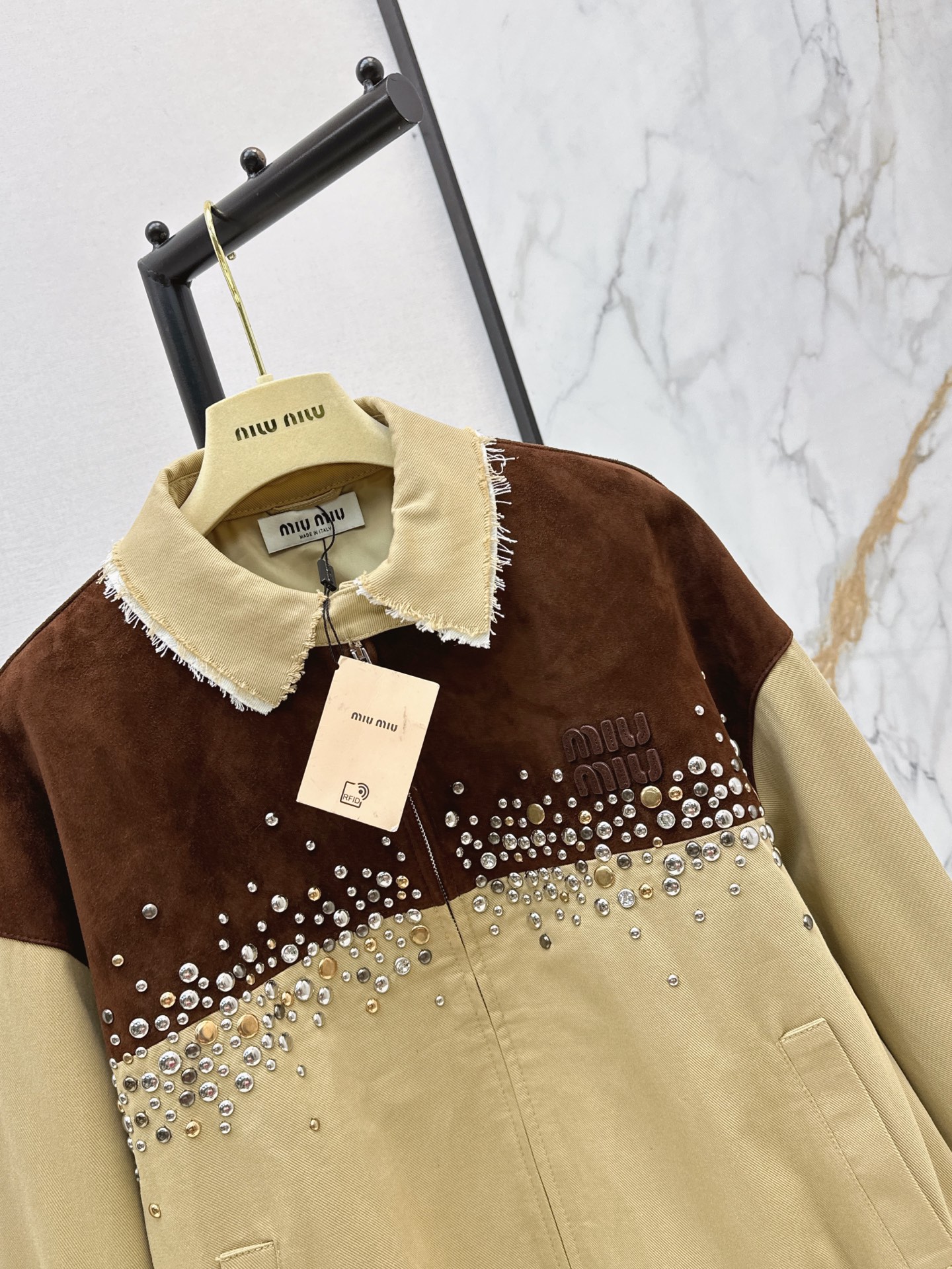 Miu 26ss rhinestone contract suede jacket