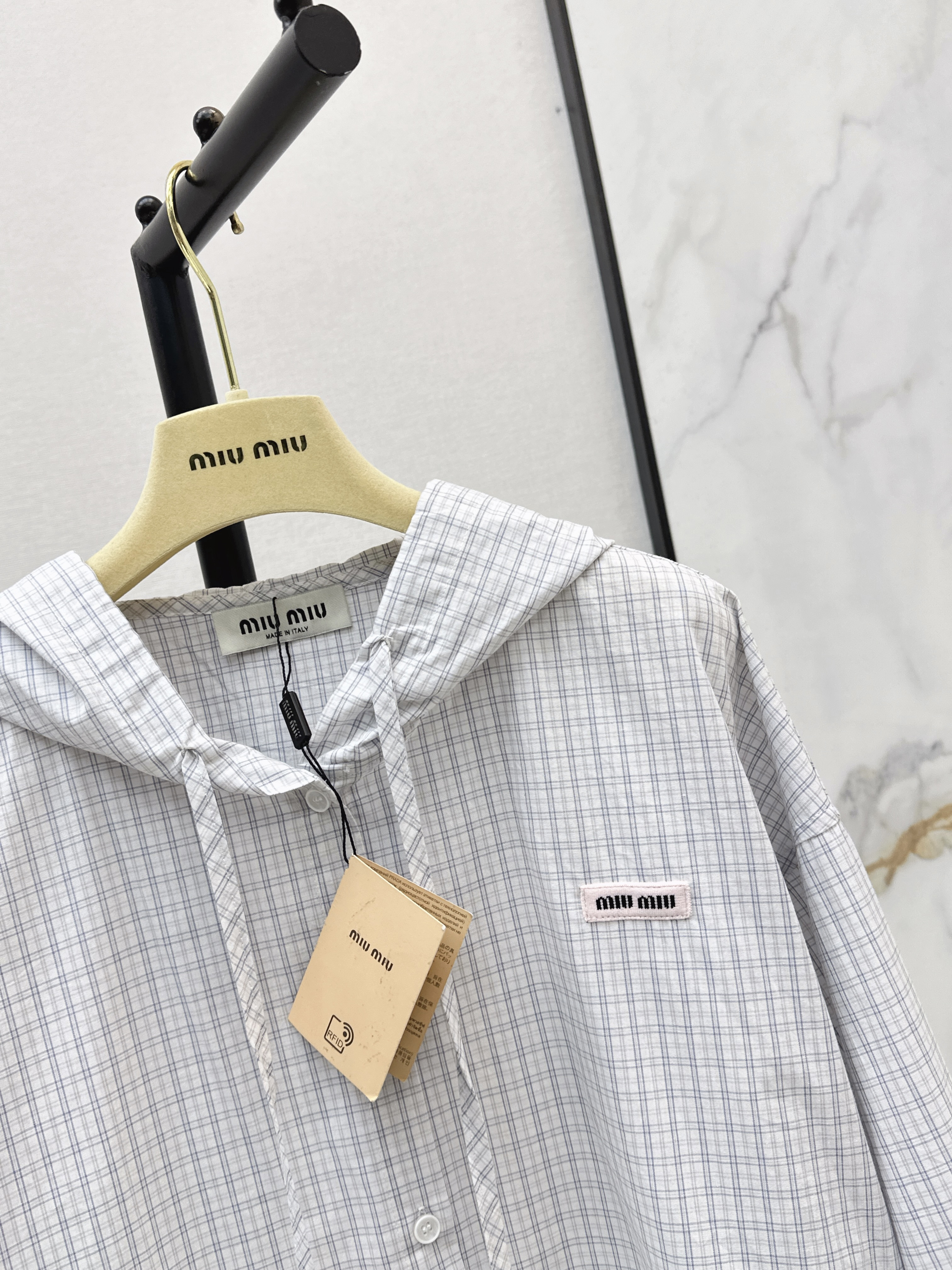 Miu 26ss check hodded jacket