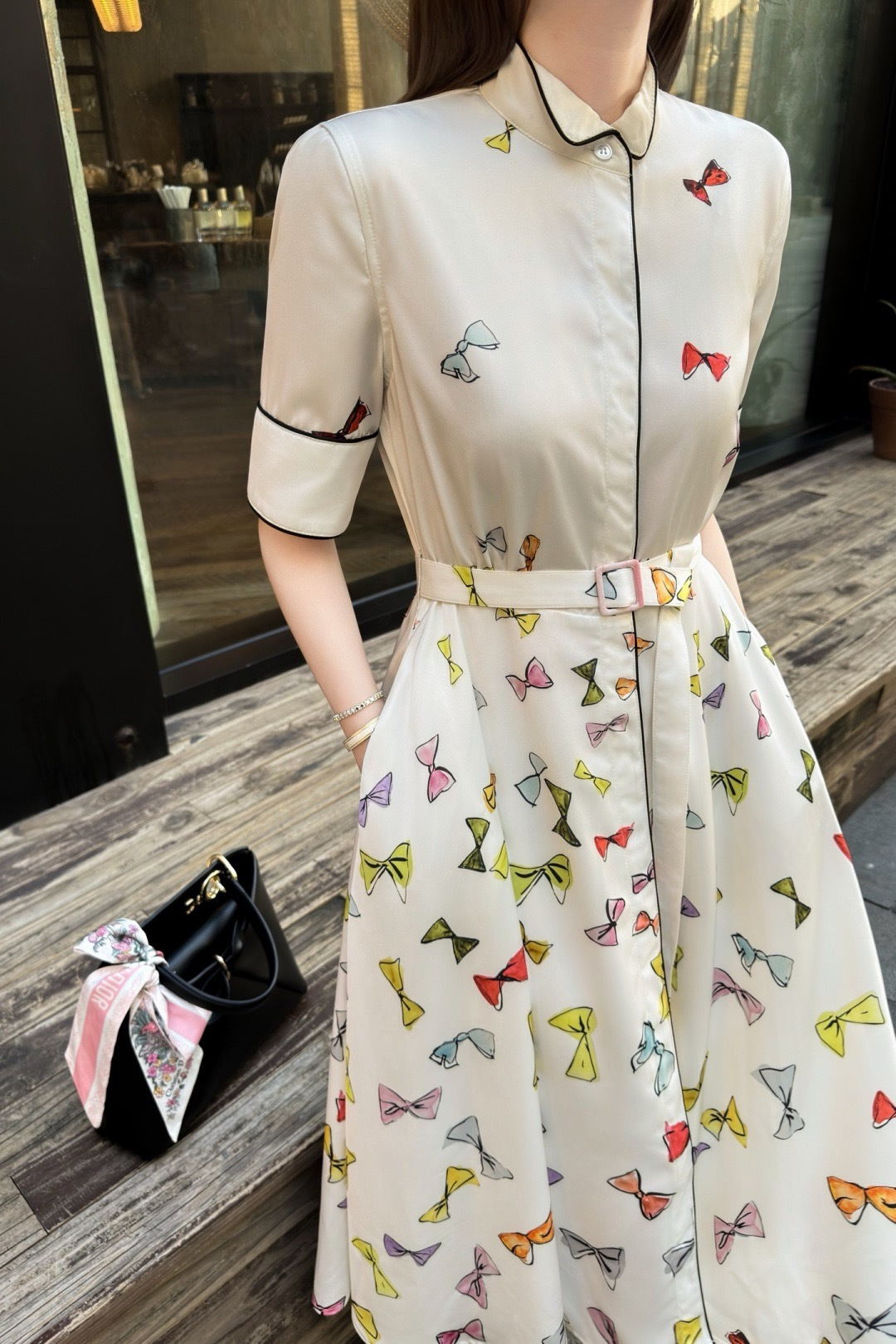 CD 26SS Bow Print Belted Shirt Dress