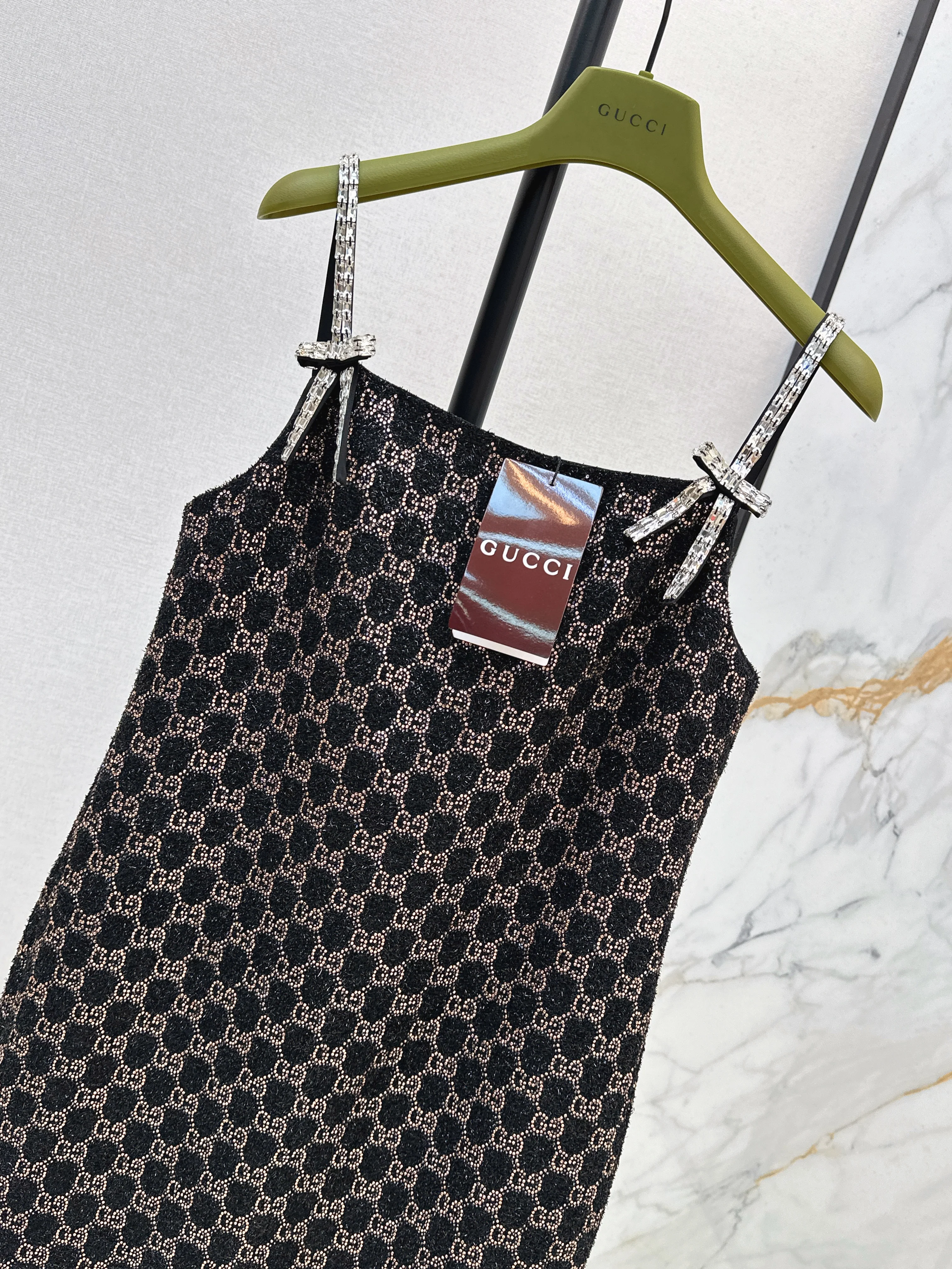 Gucc 26ss dimon crystal diamond woven slip dress