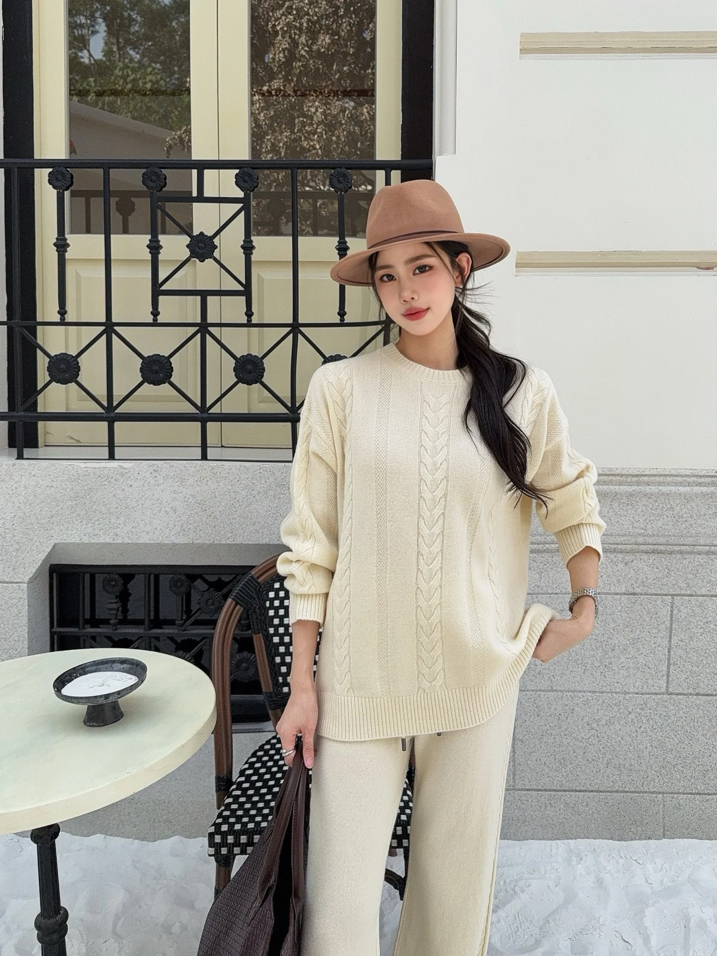 Max 26ss wool pullover sweater+wide-leg pant outfit set