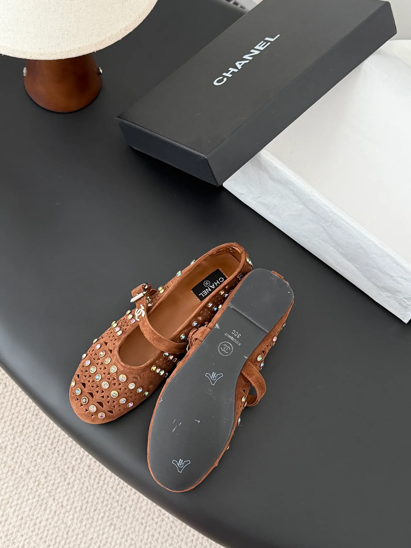 Chan 26ss mary jane hollow rhinestone shoes