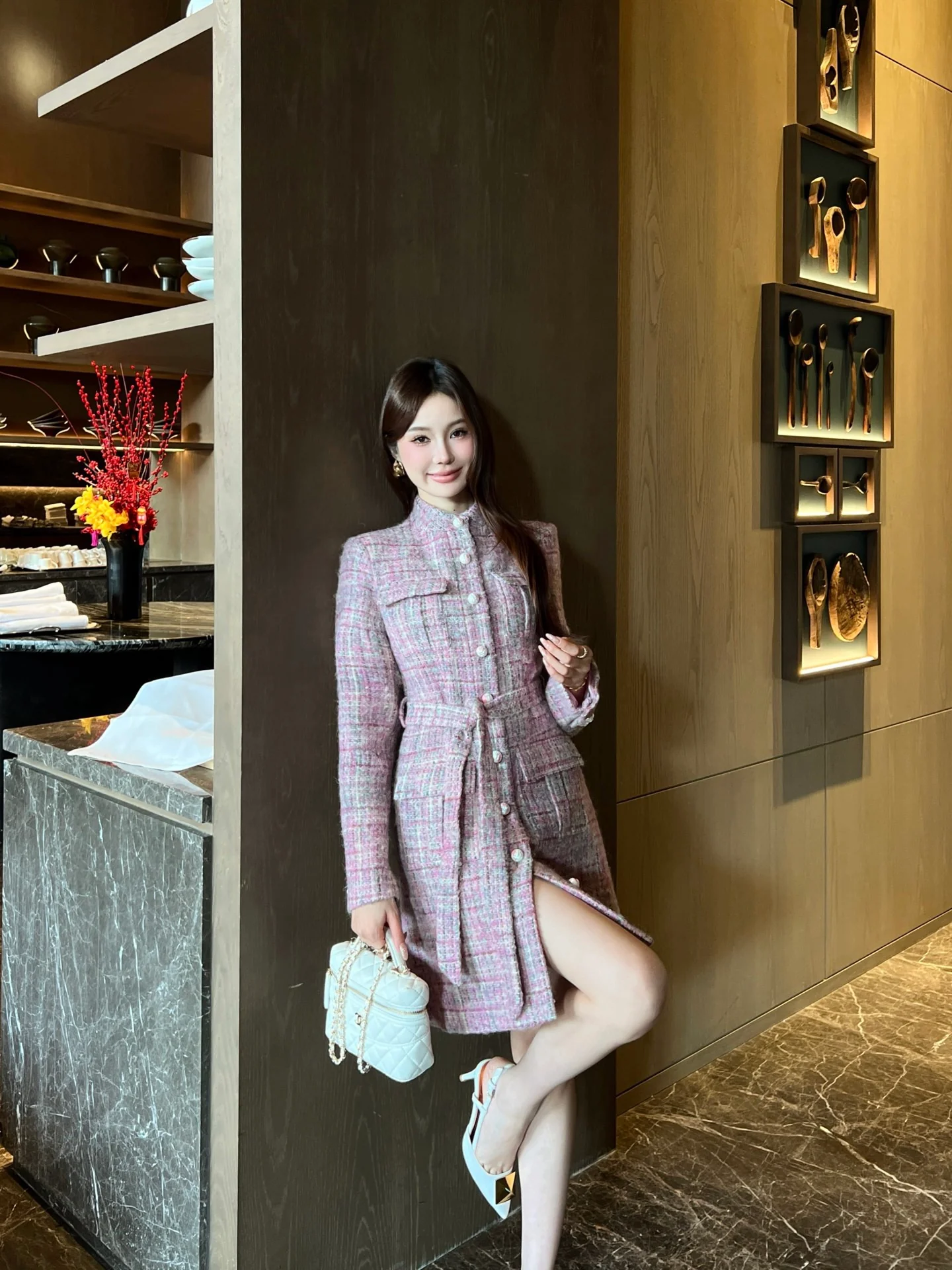 Chan 26ss check tweed coat dress