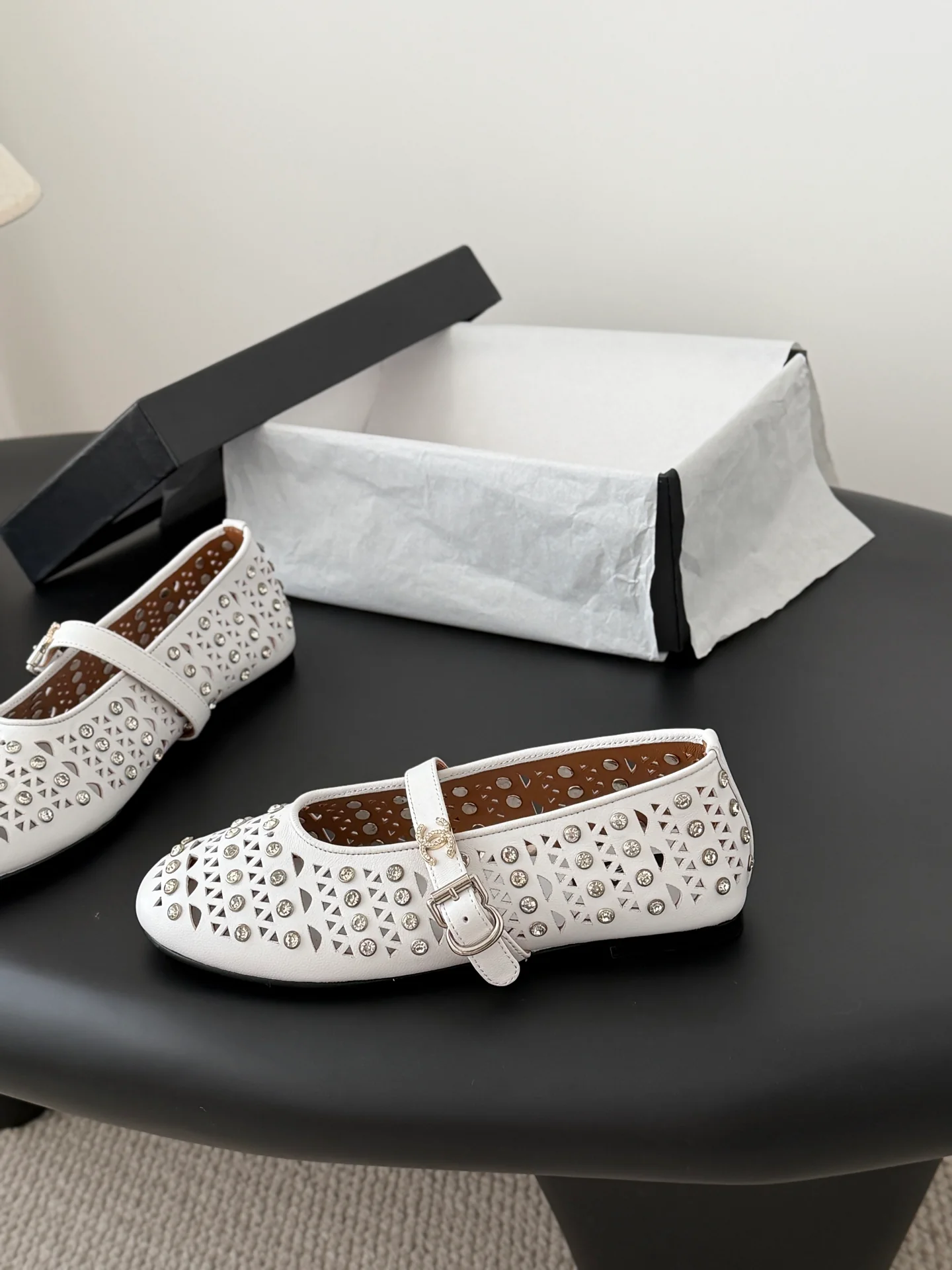 Chan 26ss mary jane hollow rhinestone shoes