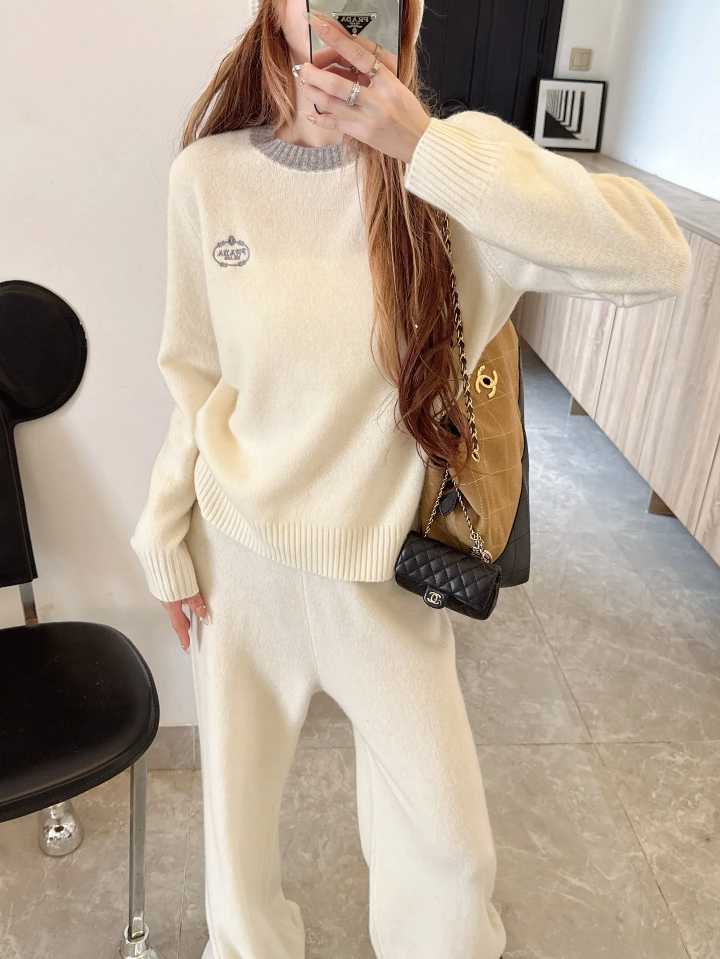 Prad 25fw wool sweater +wide-leg pants outfit set