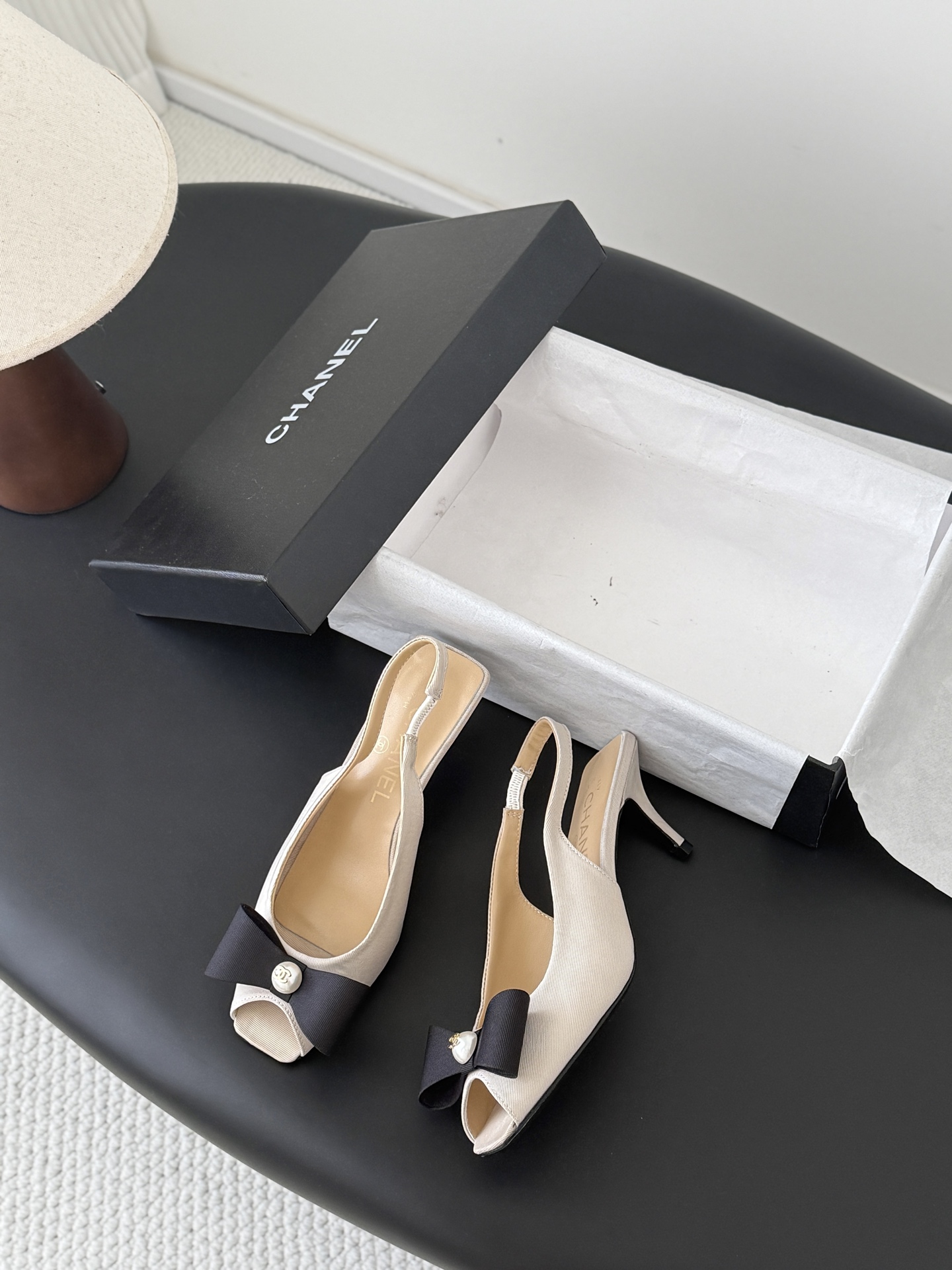 Chan 26K peep toe slingback heels