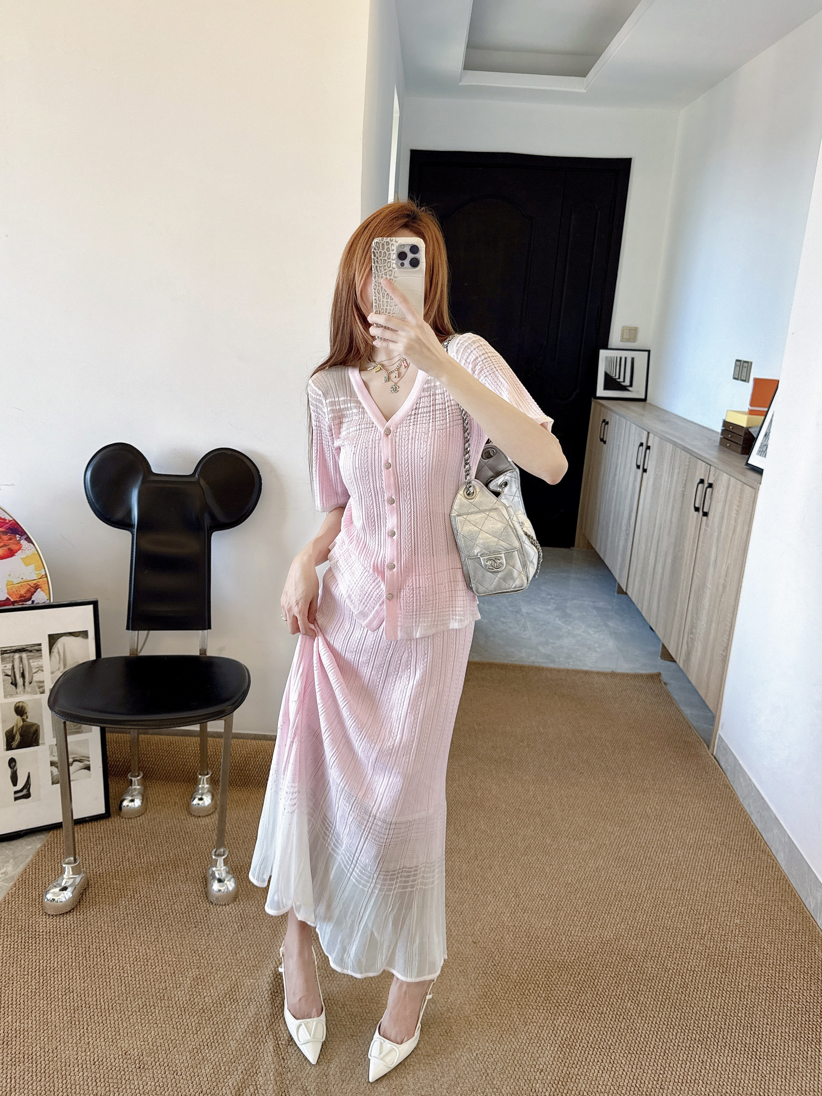 Chan 26ss knit cardigan skirt set