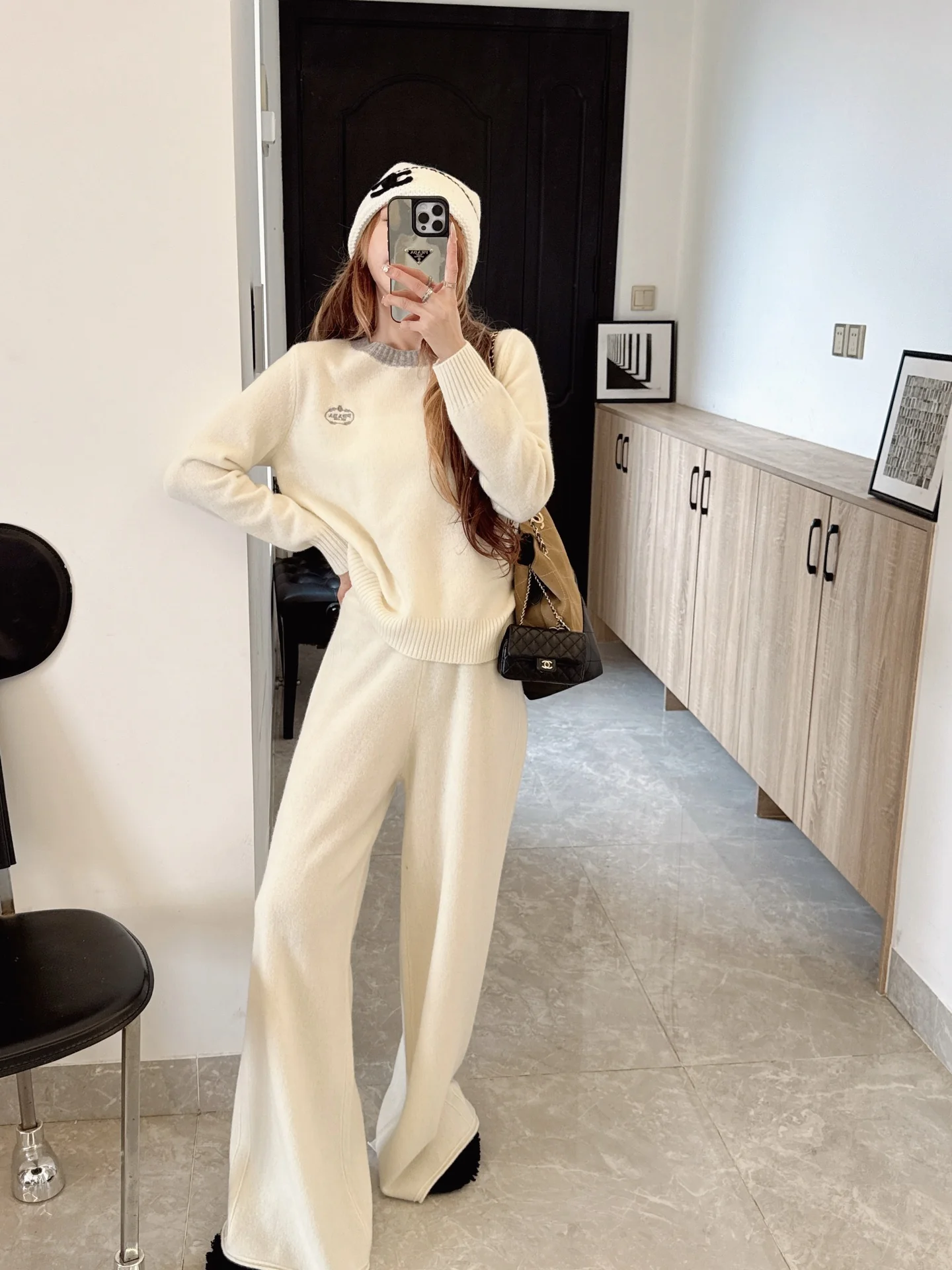 Prad 25fw wool sweater +wide-leg pants outfit set