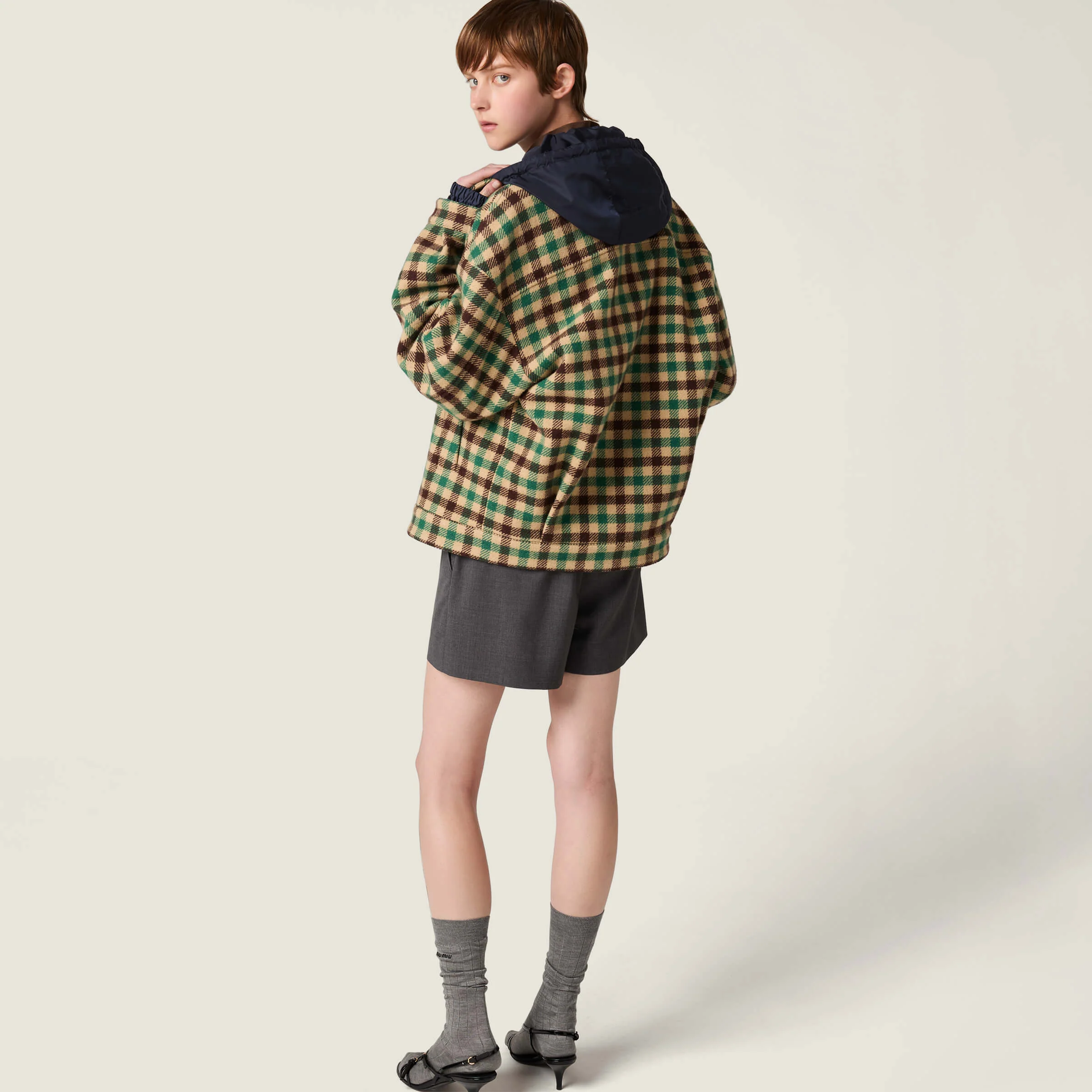 Miu 25fw hooded plaid jacket