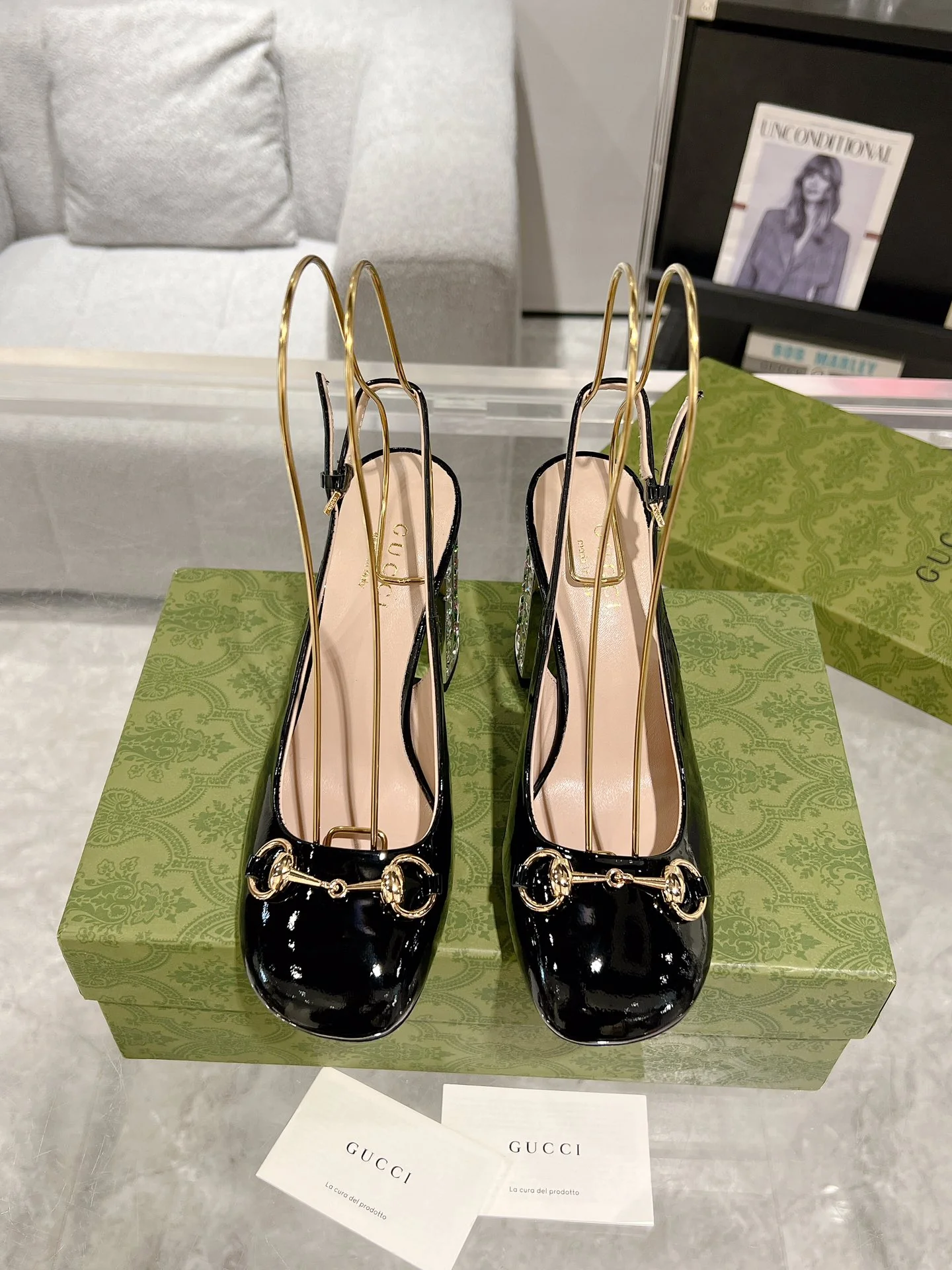 Gucc 26ss rhinestone slingback chunky high heel