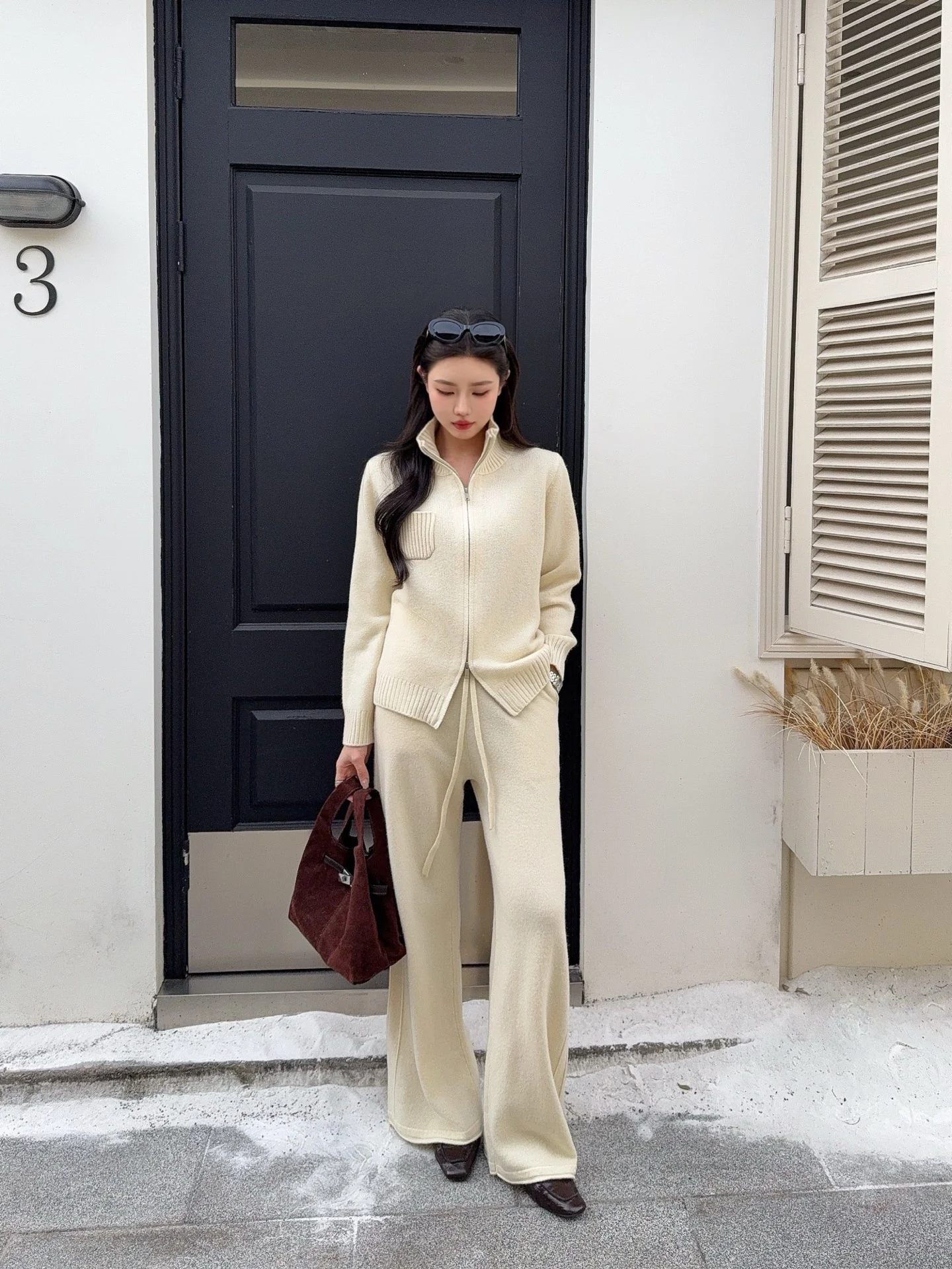 Brun 25fw zipper sweater+straight pant outfit sets