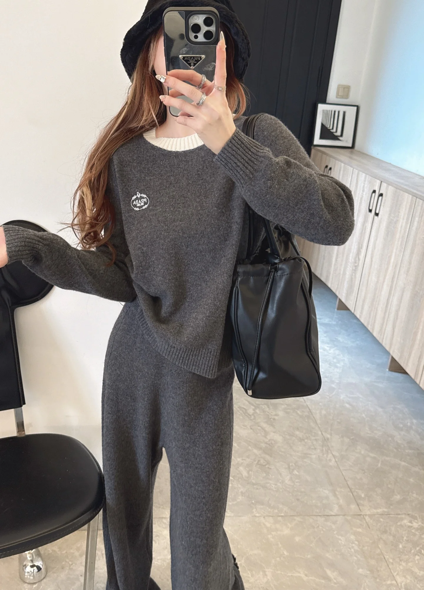 Prad 25fw wool sweater +wide-leg pants outfit set