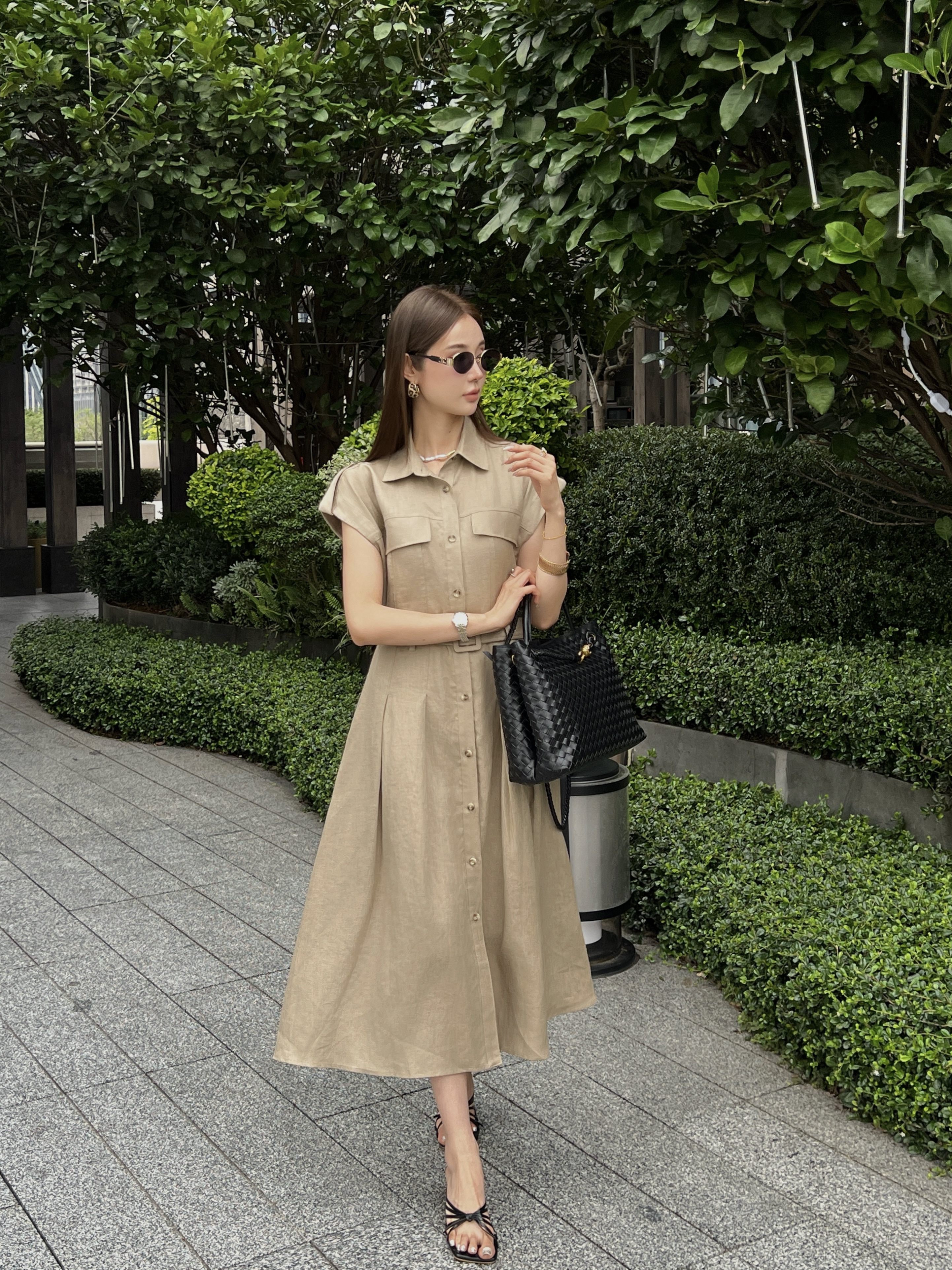Khaki Sleeveless Belted Shirt Dress