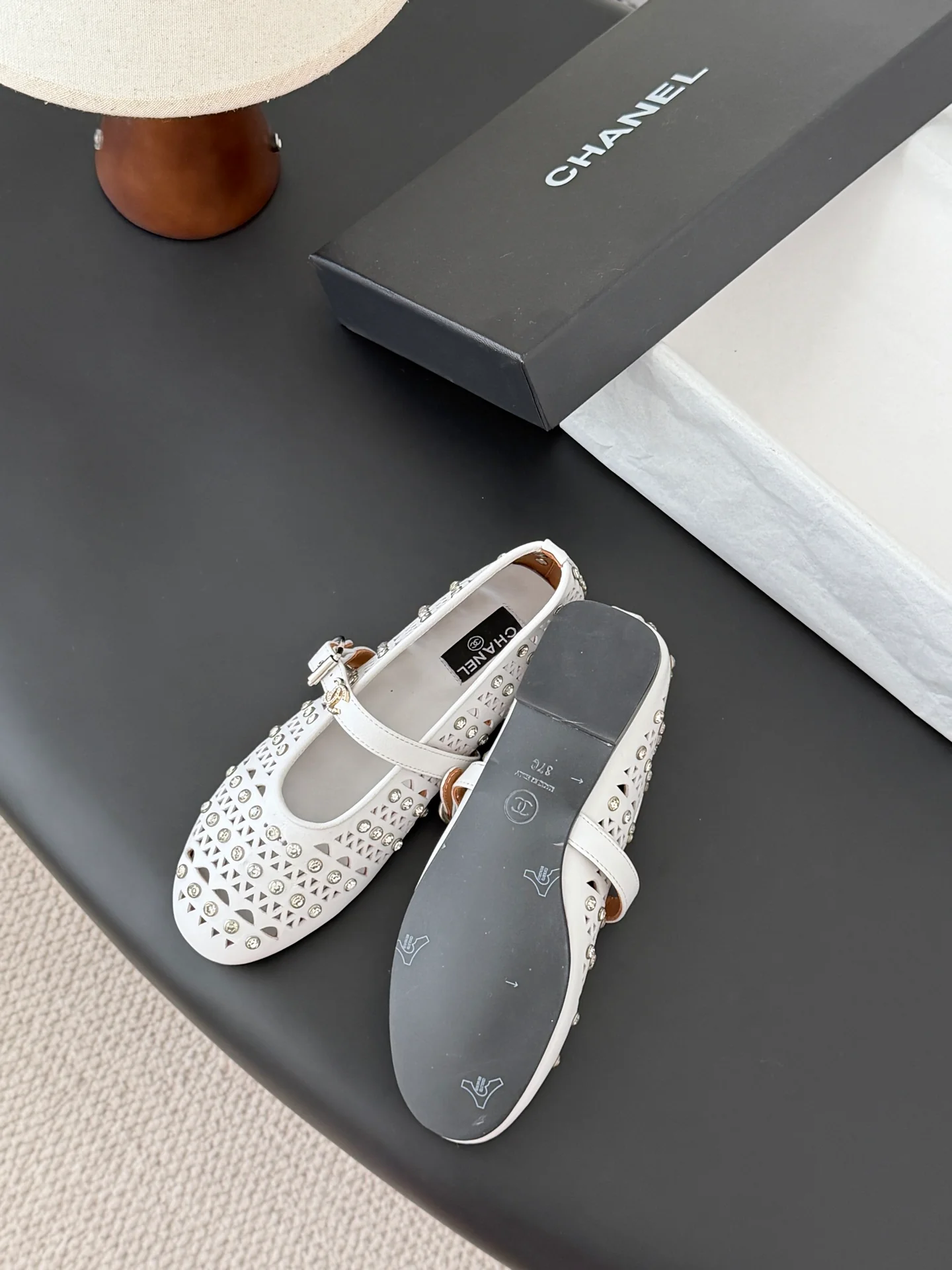 Chan 26ss mary jane hollow rhinestone shoes