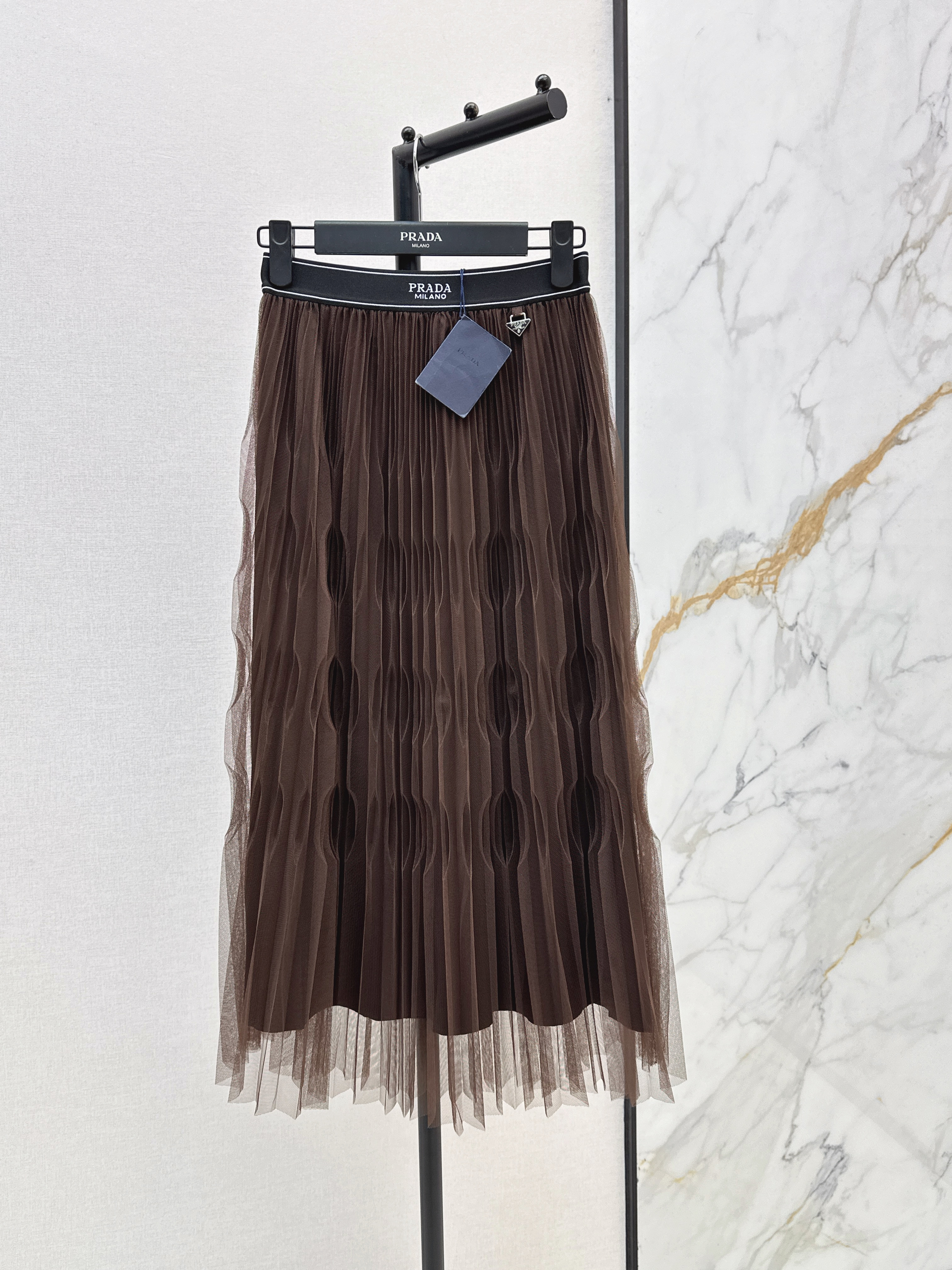 Pra 26SS Pleated Tulle Midi Skirt