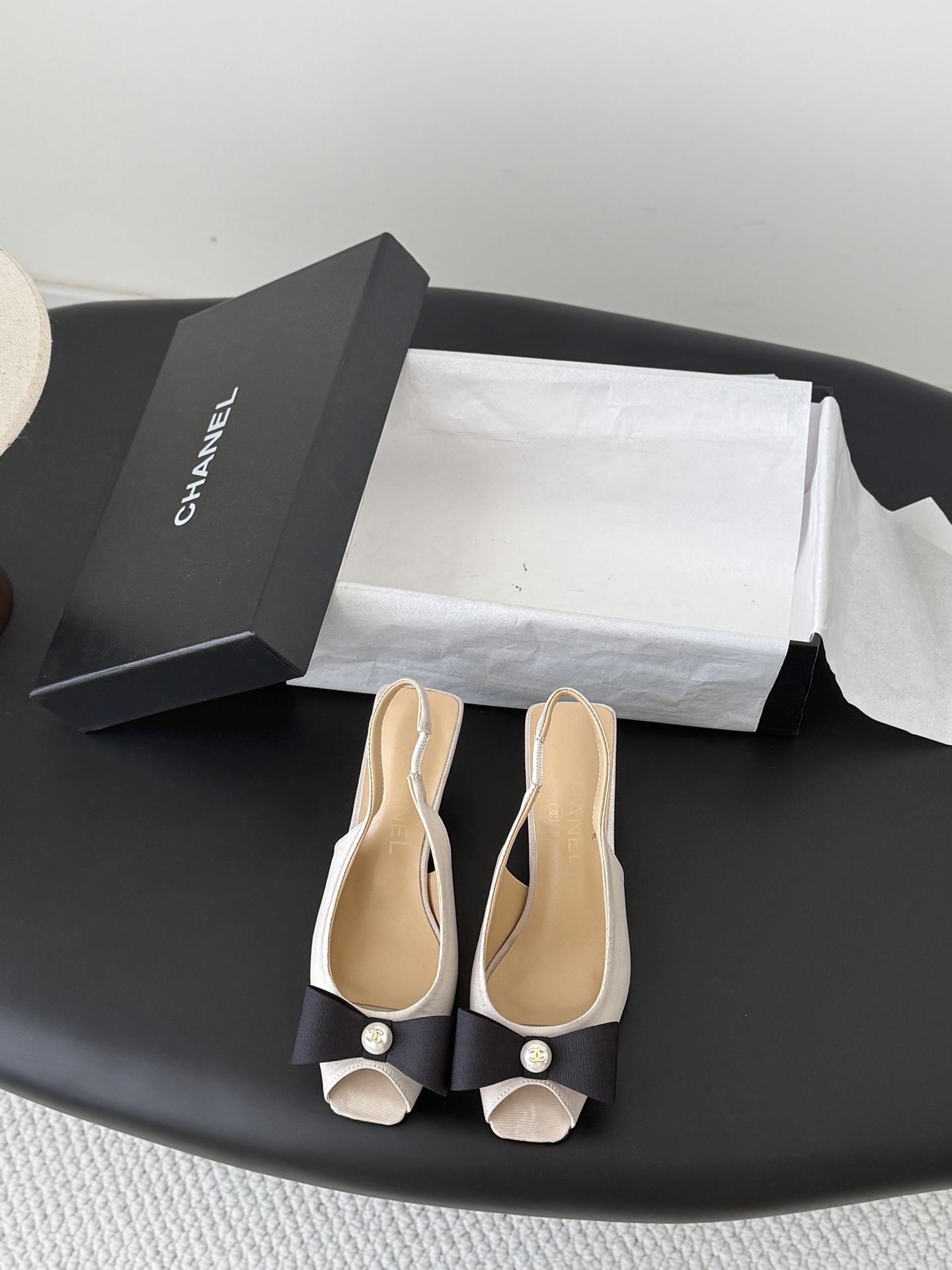 Chan 26K peep toe slingback heels