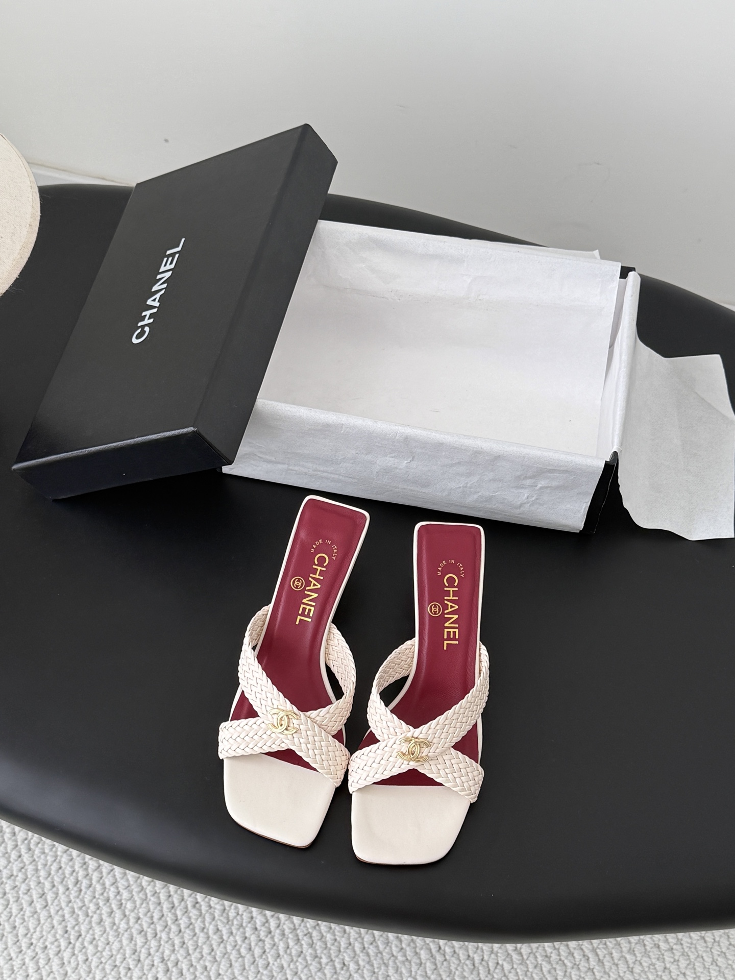 Chan 26ss cross-strap heeled mule sandals