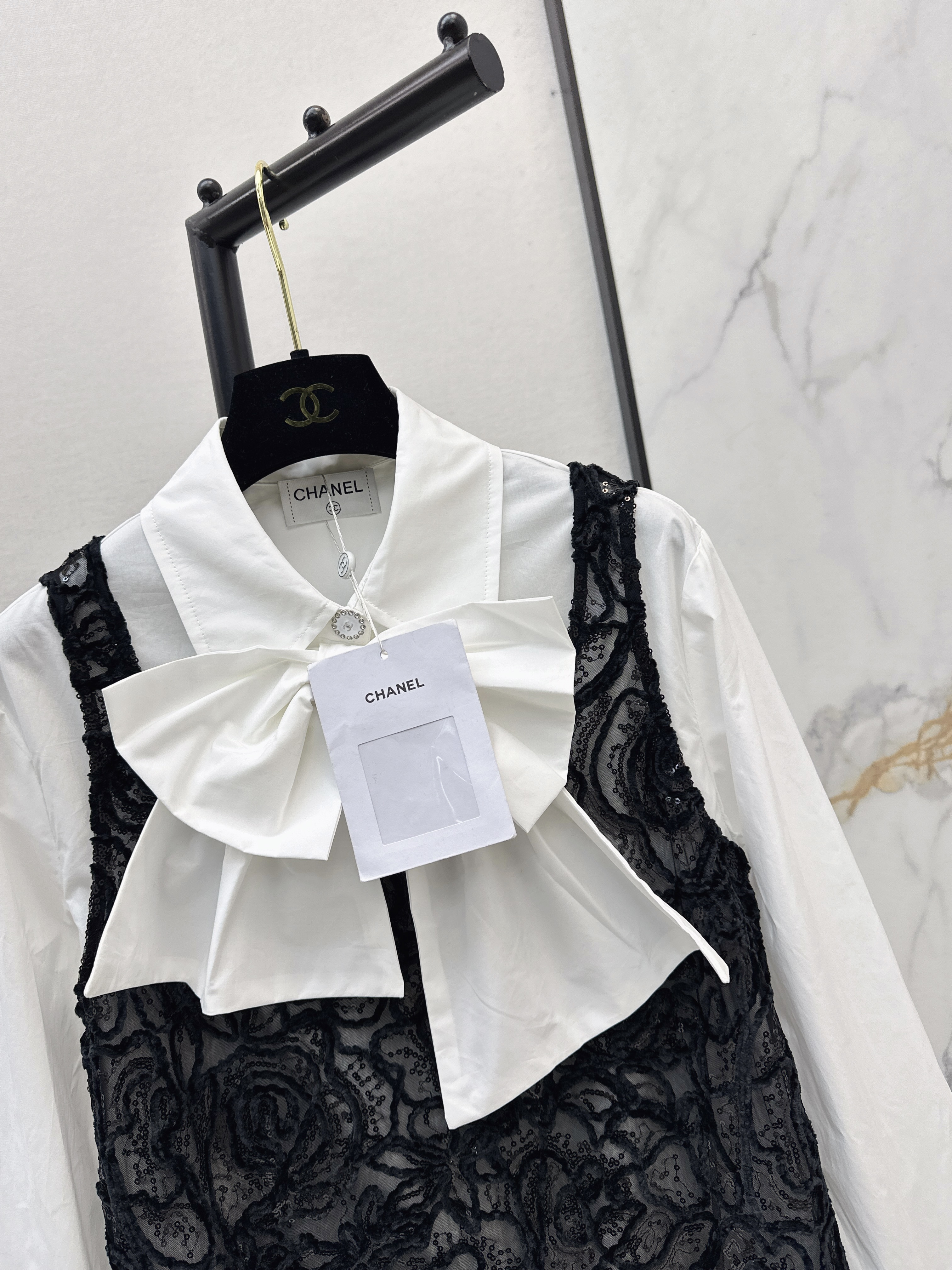 Chan 26ss ribbon shirts mesh dress set