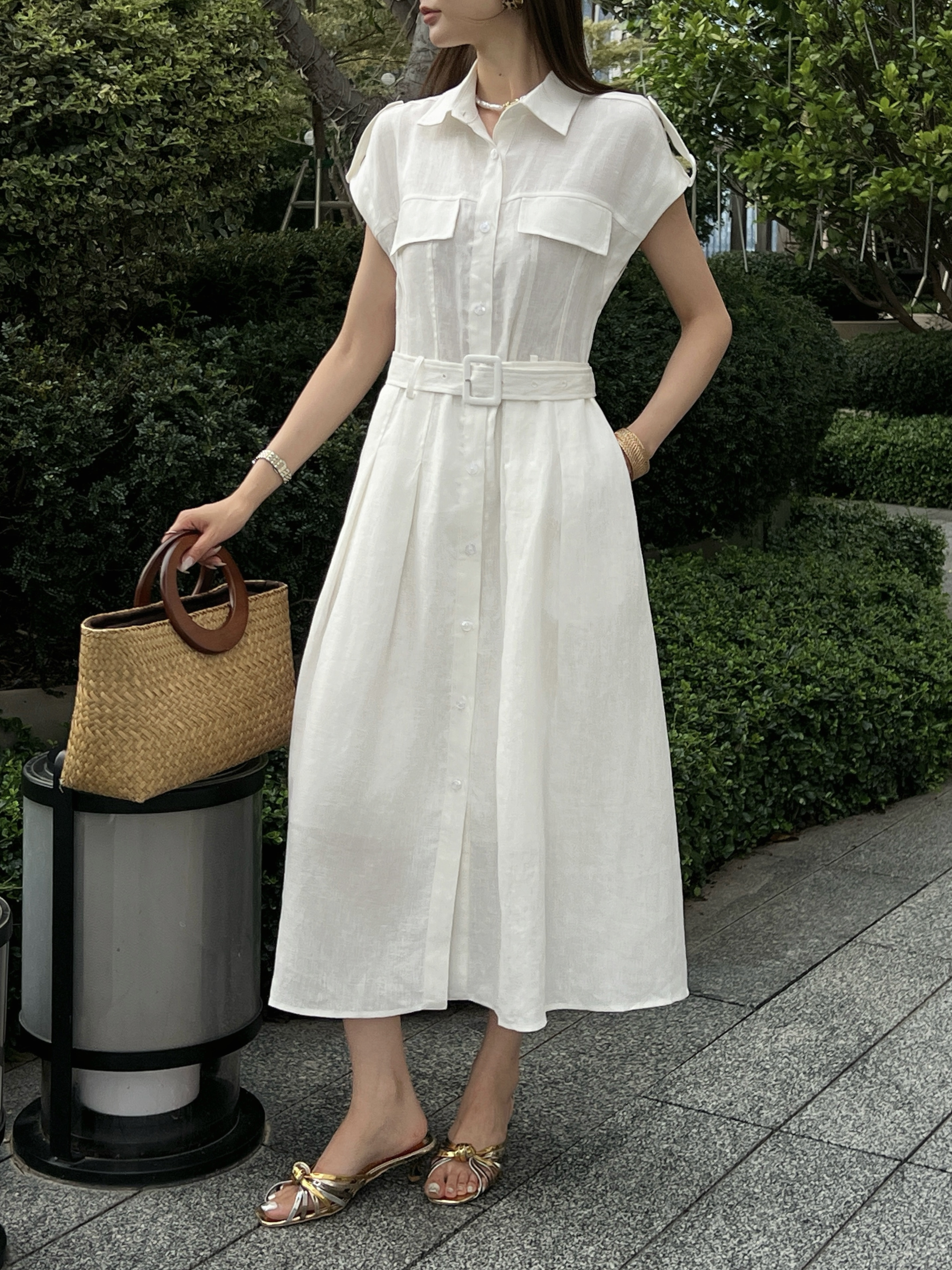 Khaki Sleeveless Belted Shirt Dress