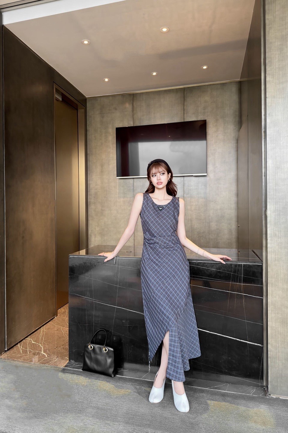 Pra 26ss check asymmetrical dress