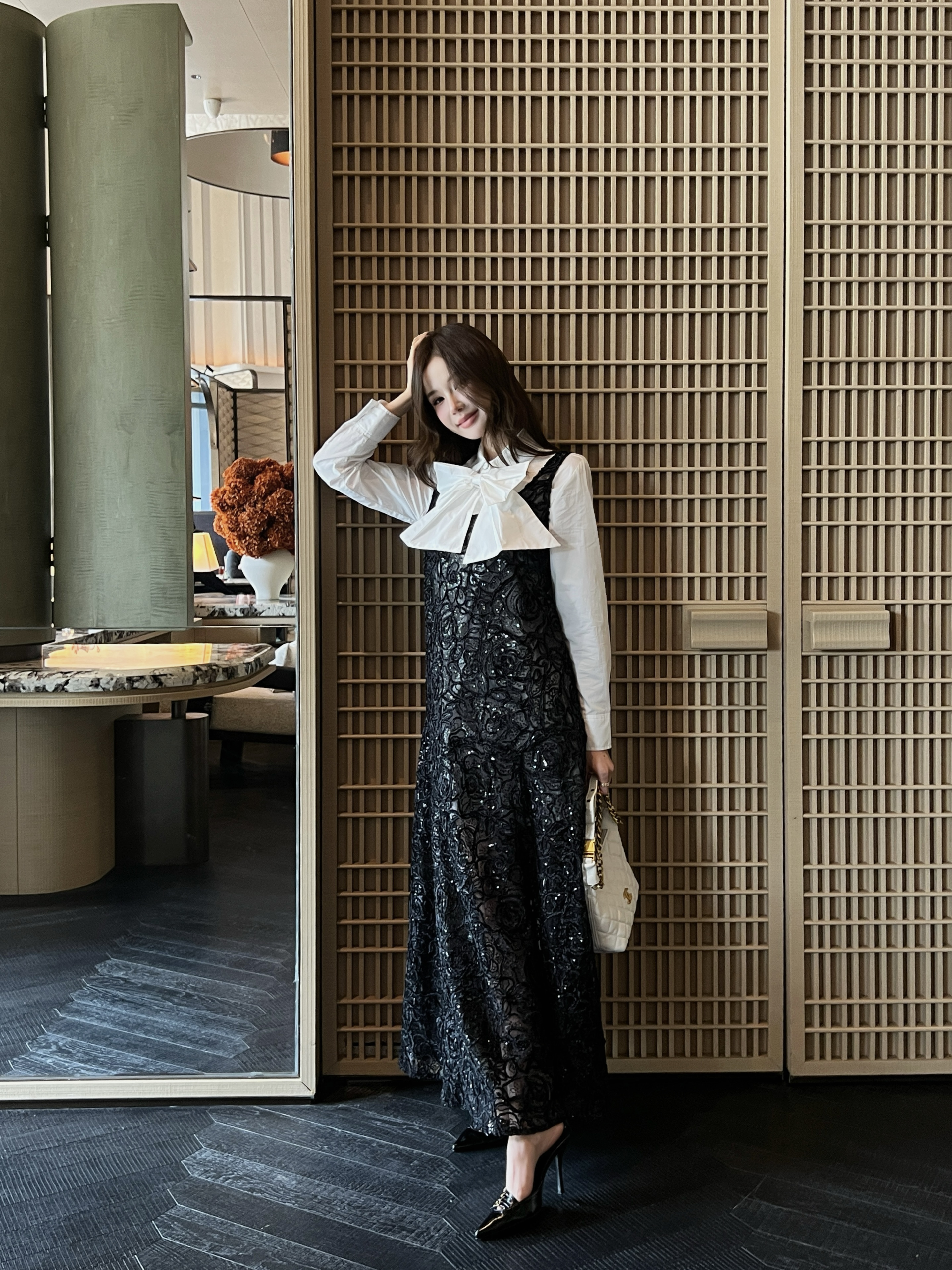 Chan 26ss ribbon shirts mesh dress set