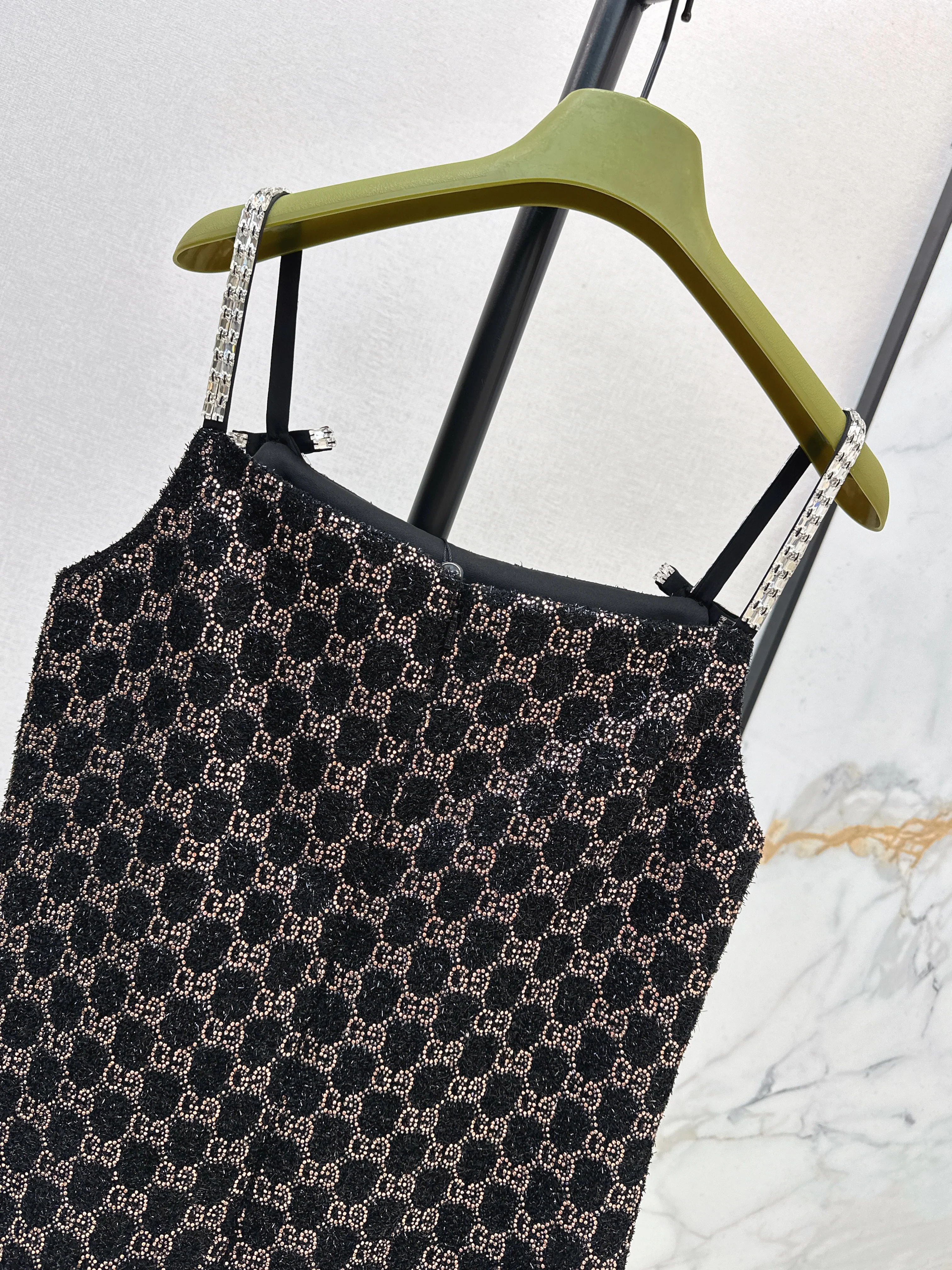 Gucc 26ss dimon crystal diamond woven slip dress