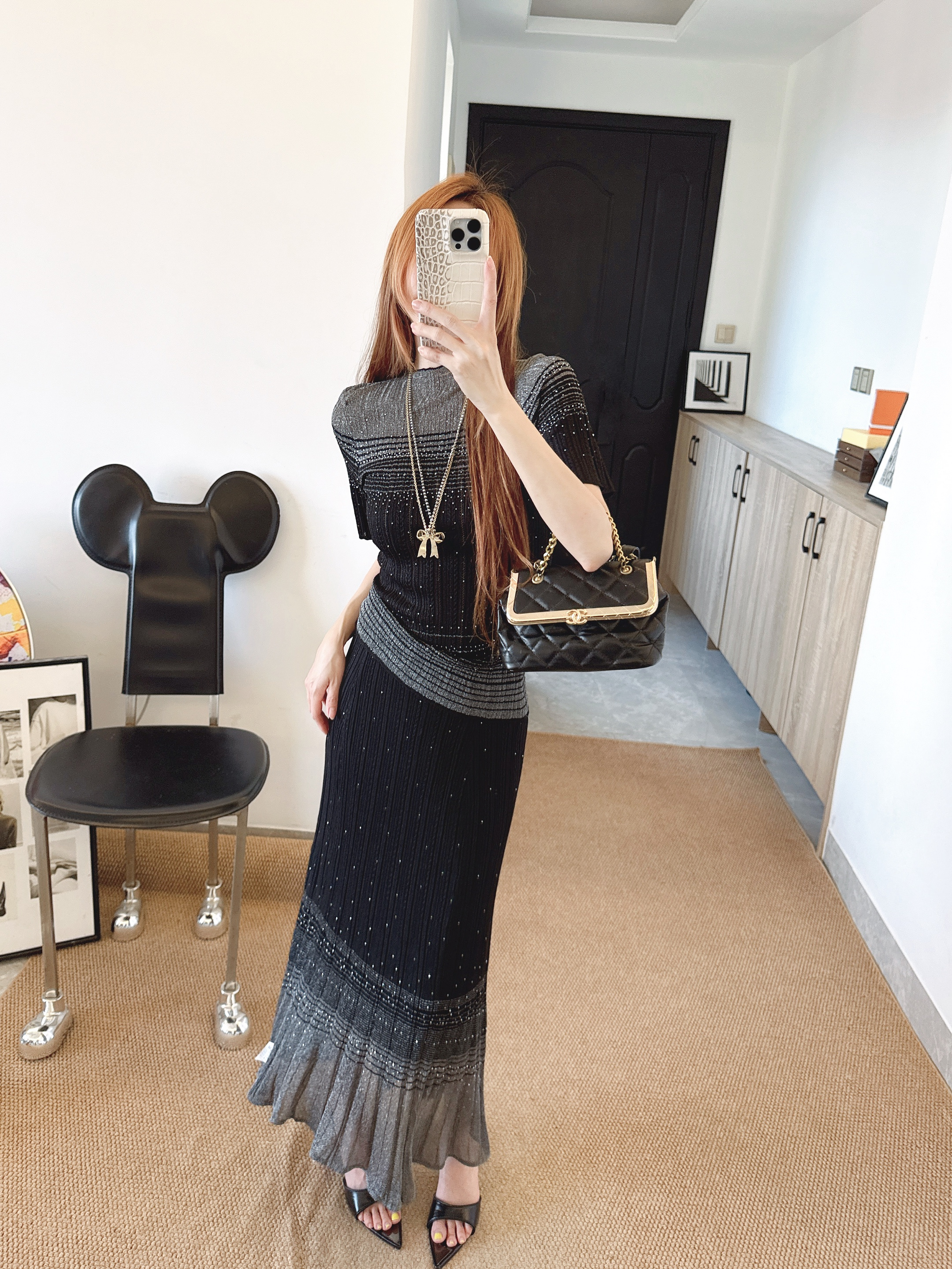 Chan 26ss omber knit top skirt set