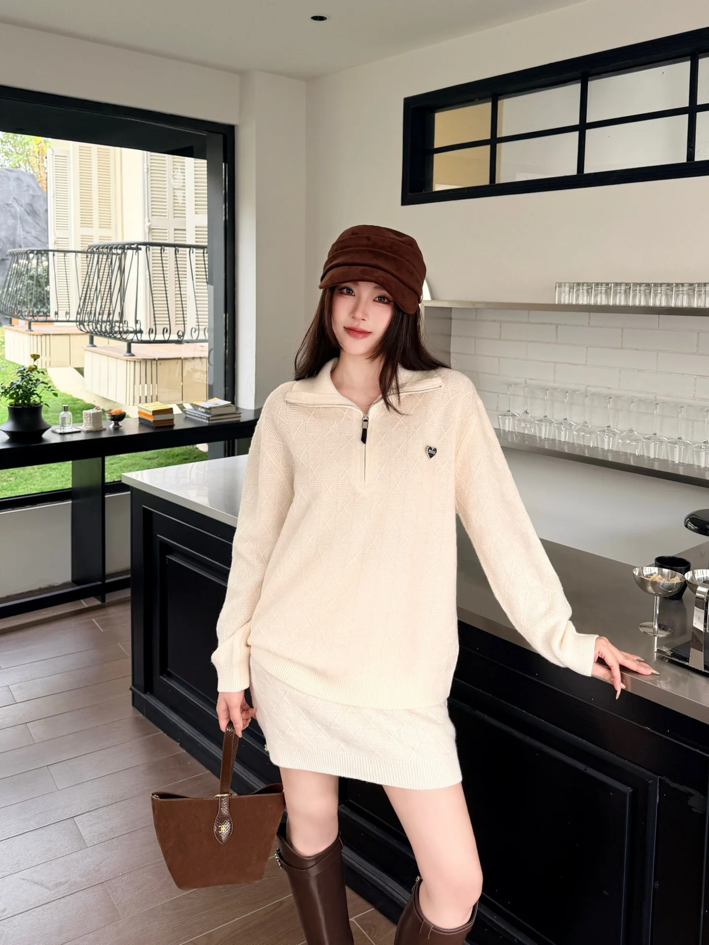 Miu 26ss jacquard knit sweater+skirts set