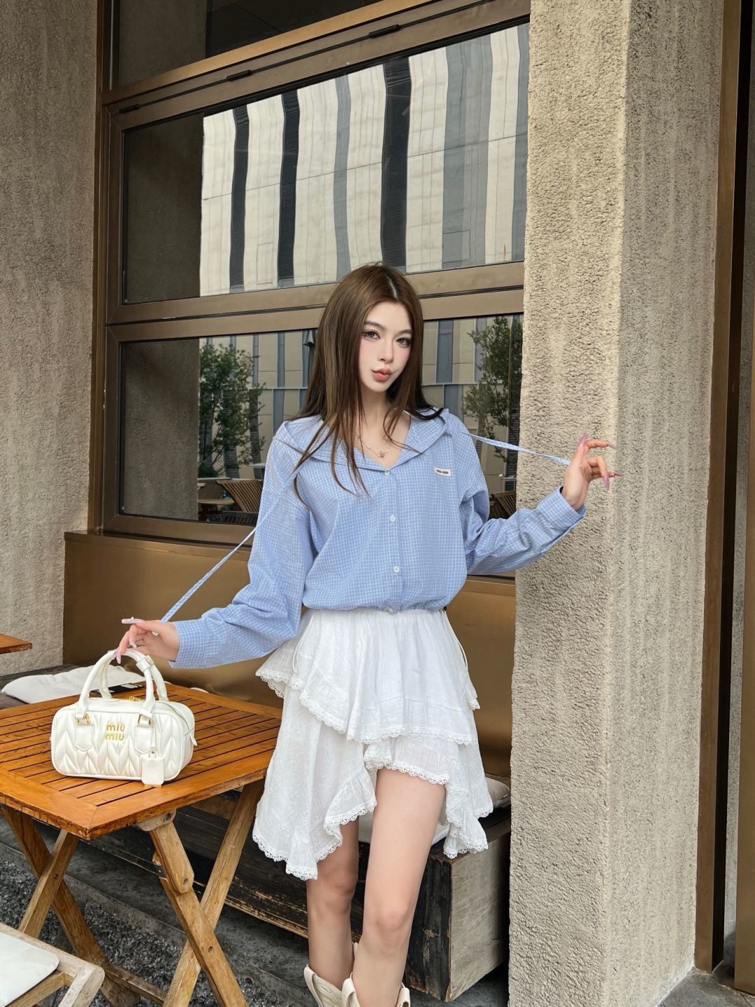 Miu 26ss check hodded jacket
