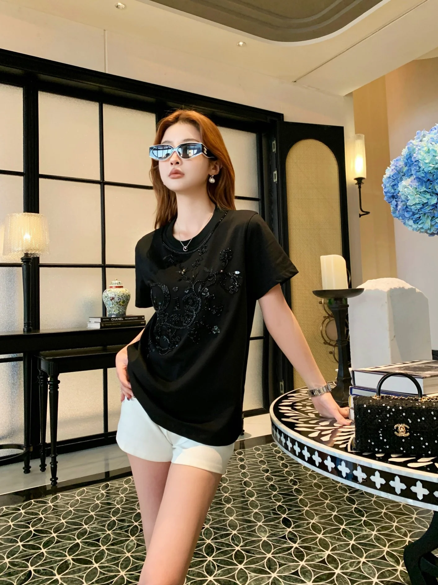 CD 26ss 3d embroidery beading t-shirts