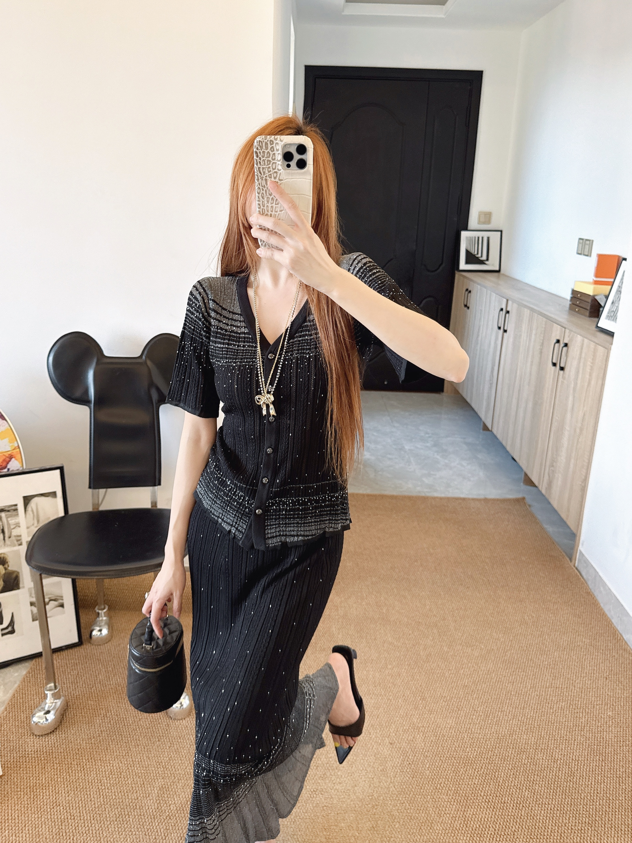 Chan 26ss knit cardigan skirt set