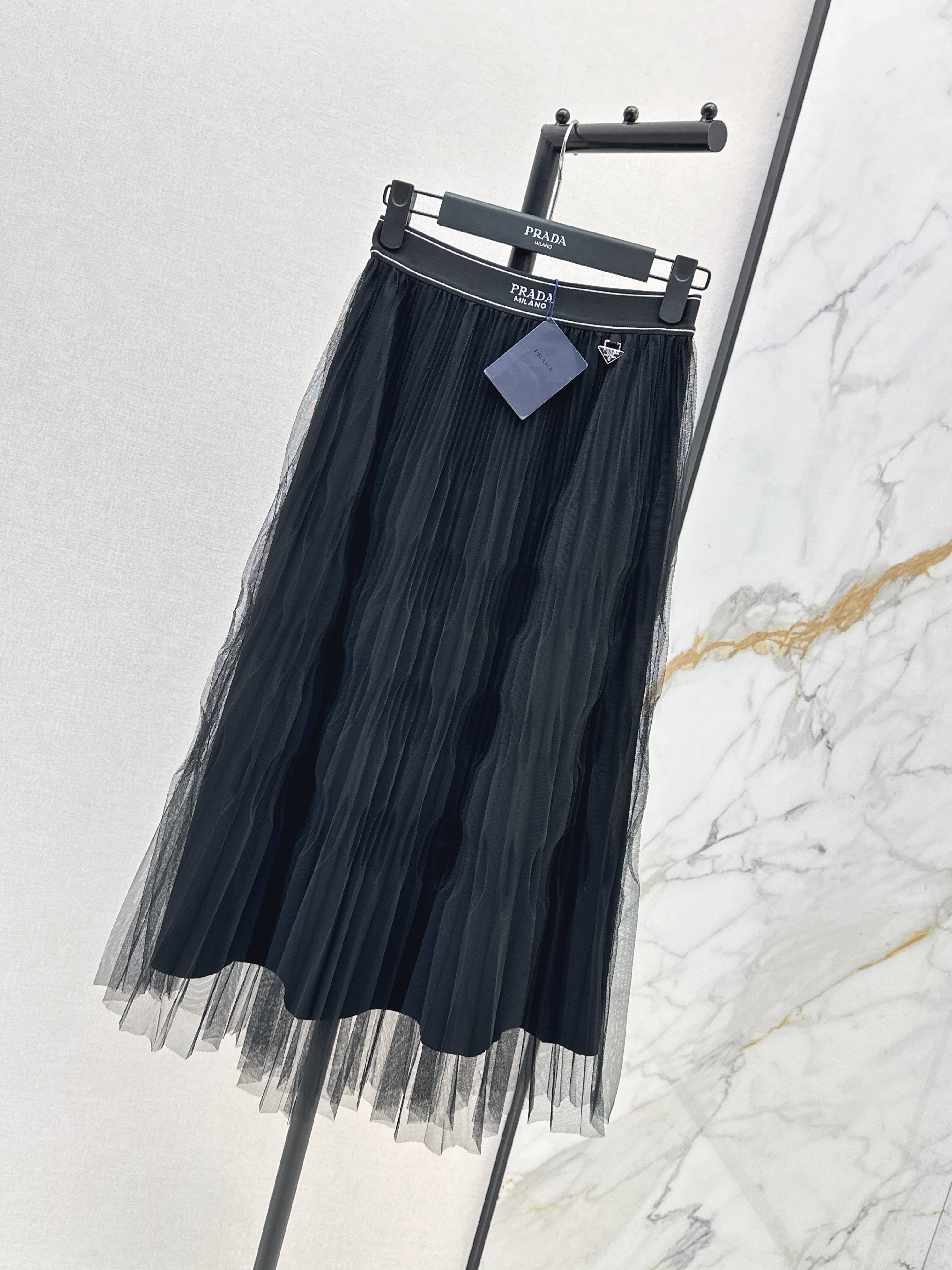 Pra 26SS Pleated Tulle Midi Skirt