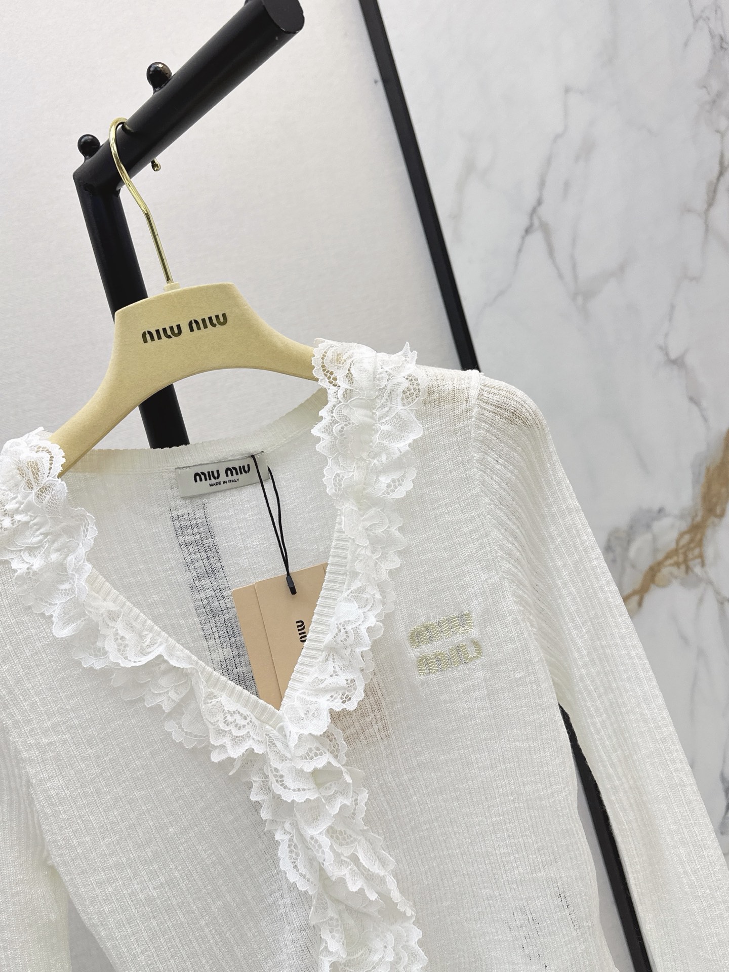 Miu 26ss lace trim knit cardigan