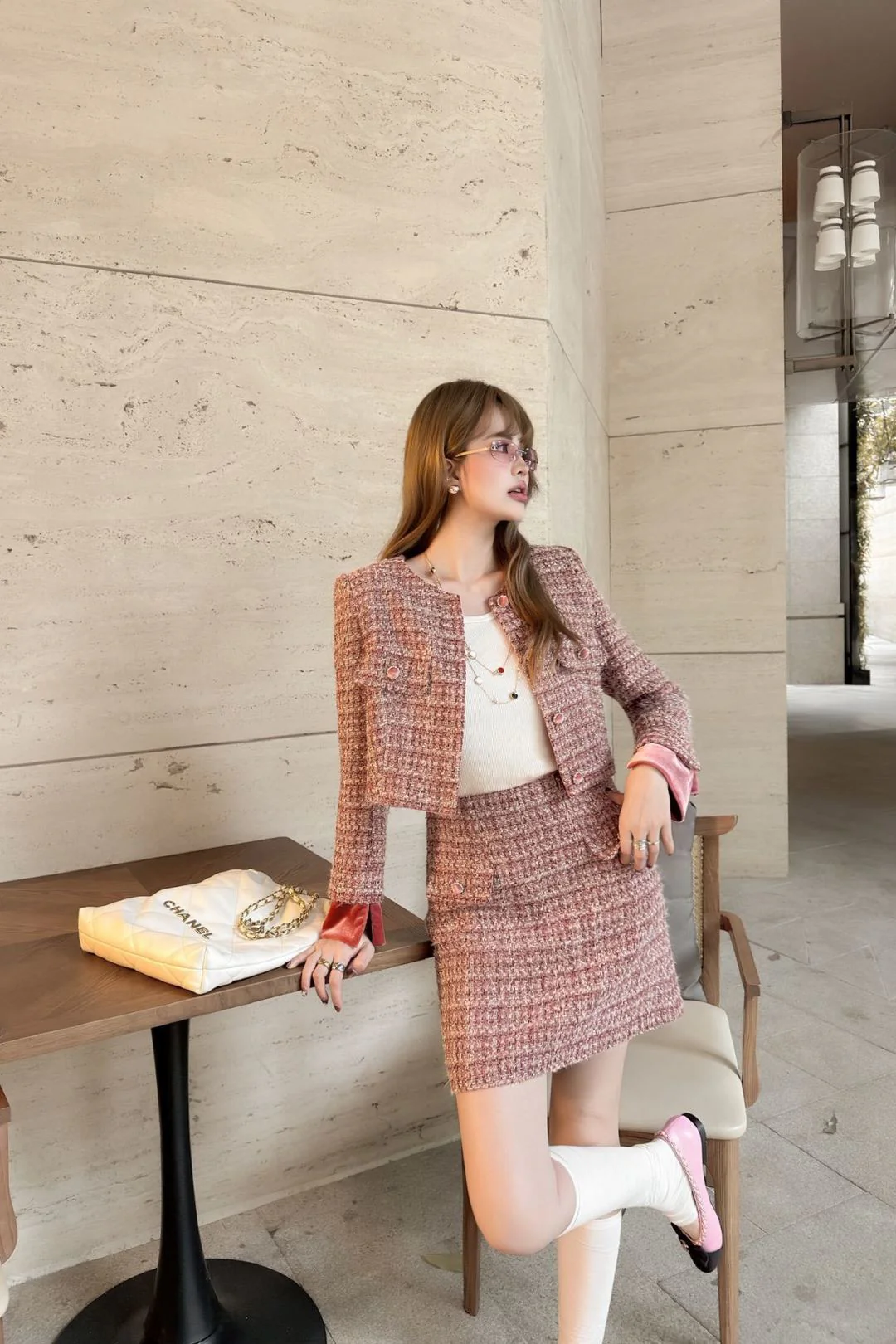 Chan 26ss woven jacket A-line skirts outfit sets