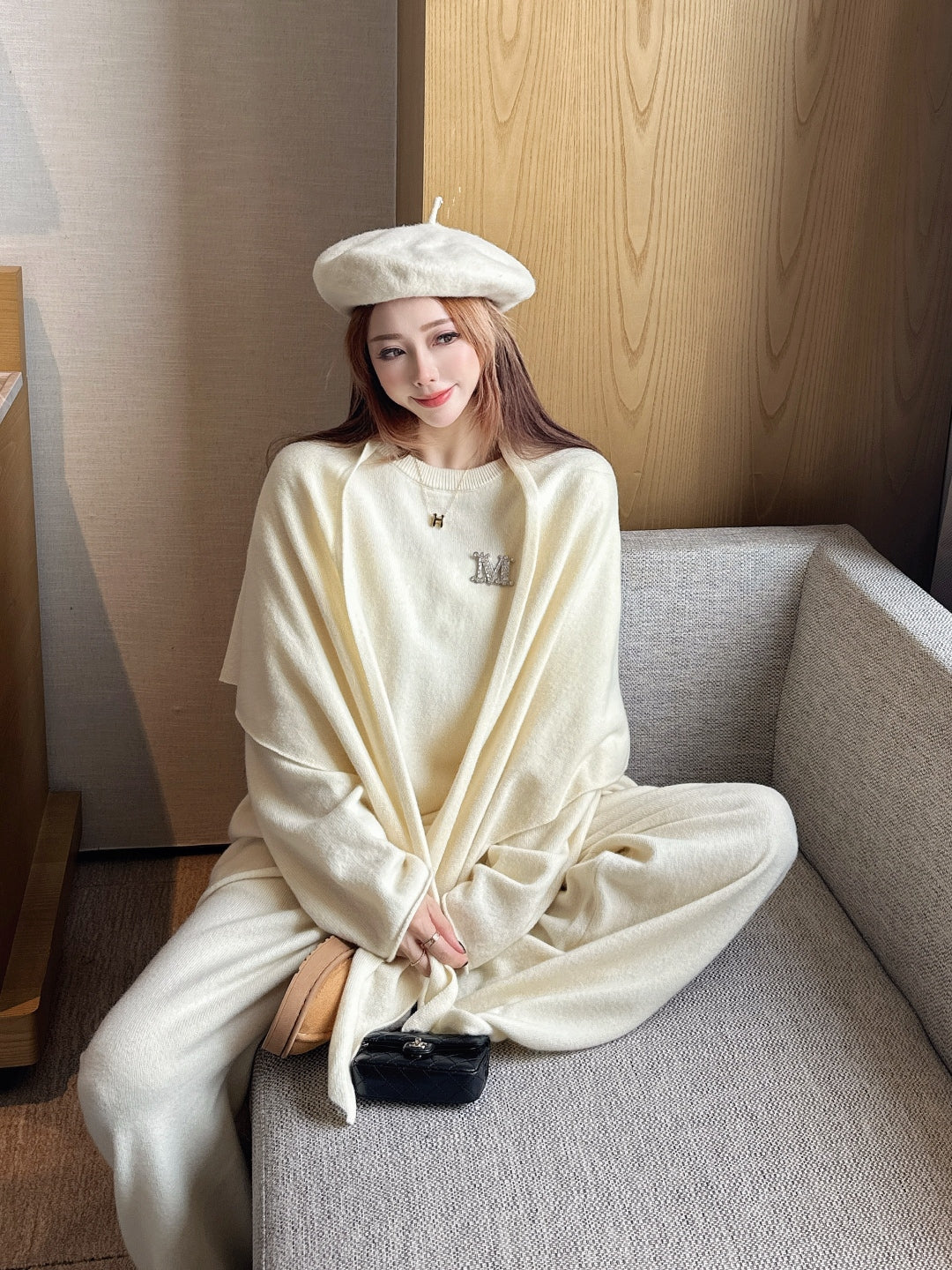 Max 25fw wool sweater+shawl wraps pants sets