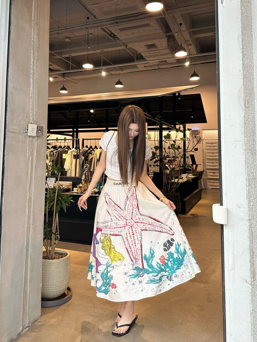Chan 26ss Ocean Print A-Line Midi Skirt
