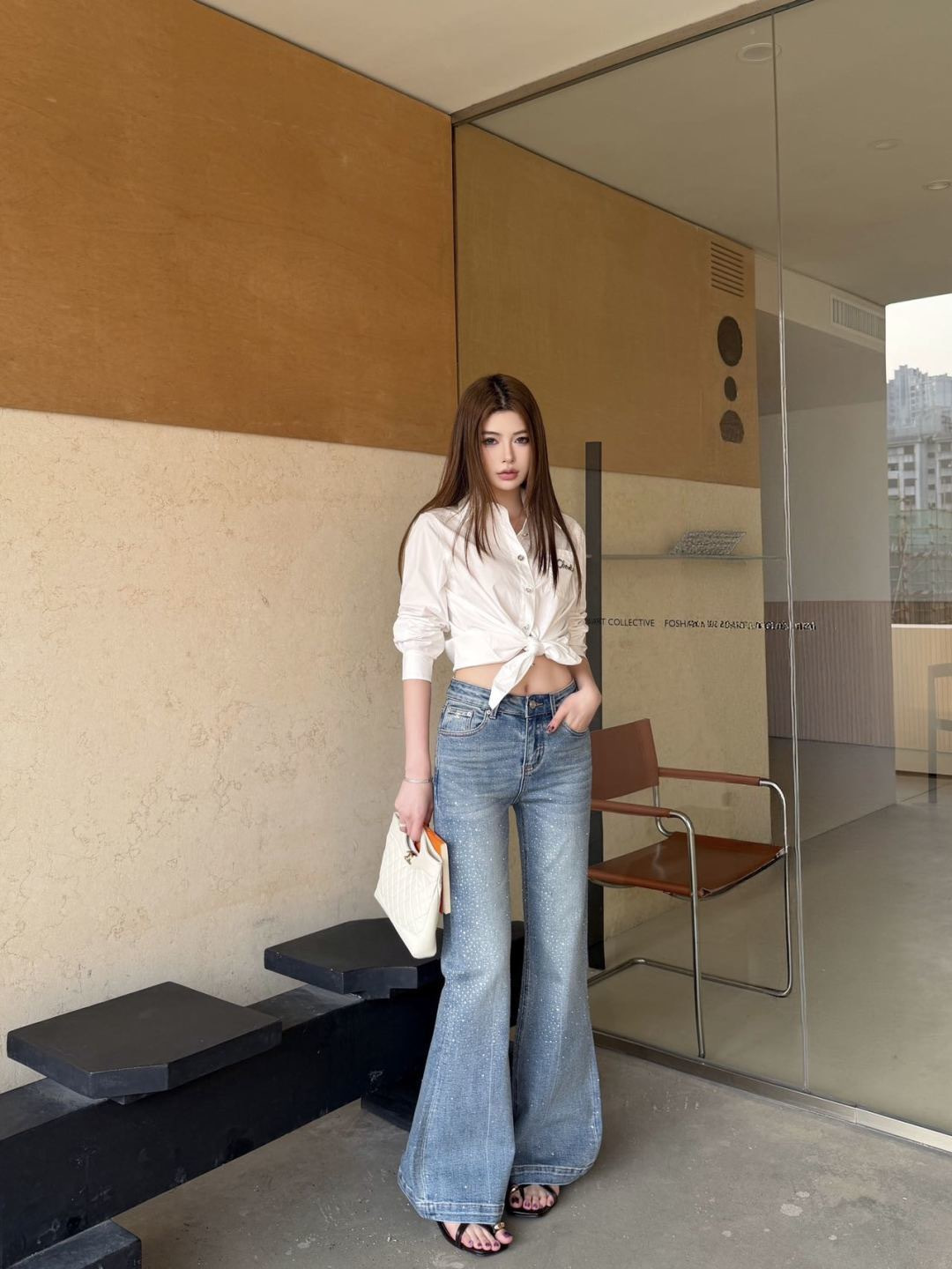 Chan 26ss rhinestone flared jeans