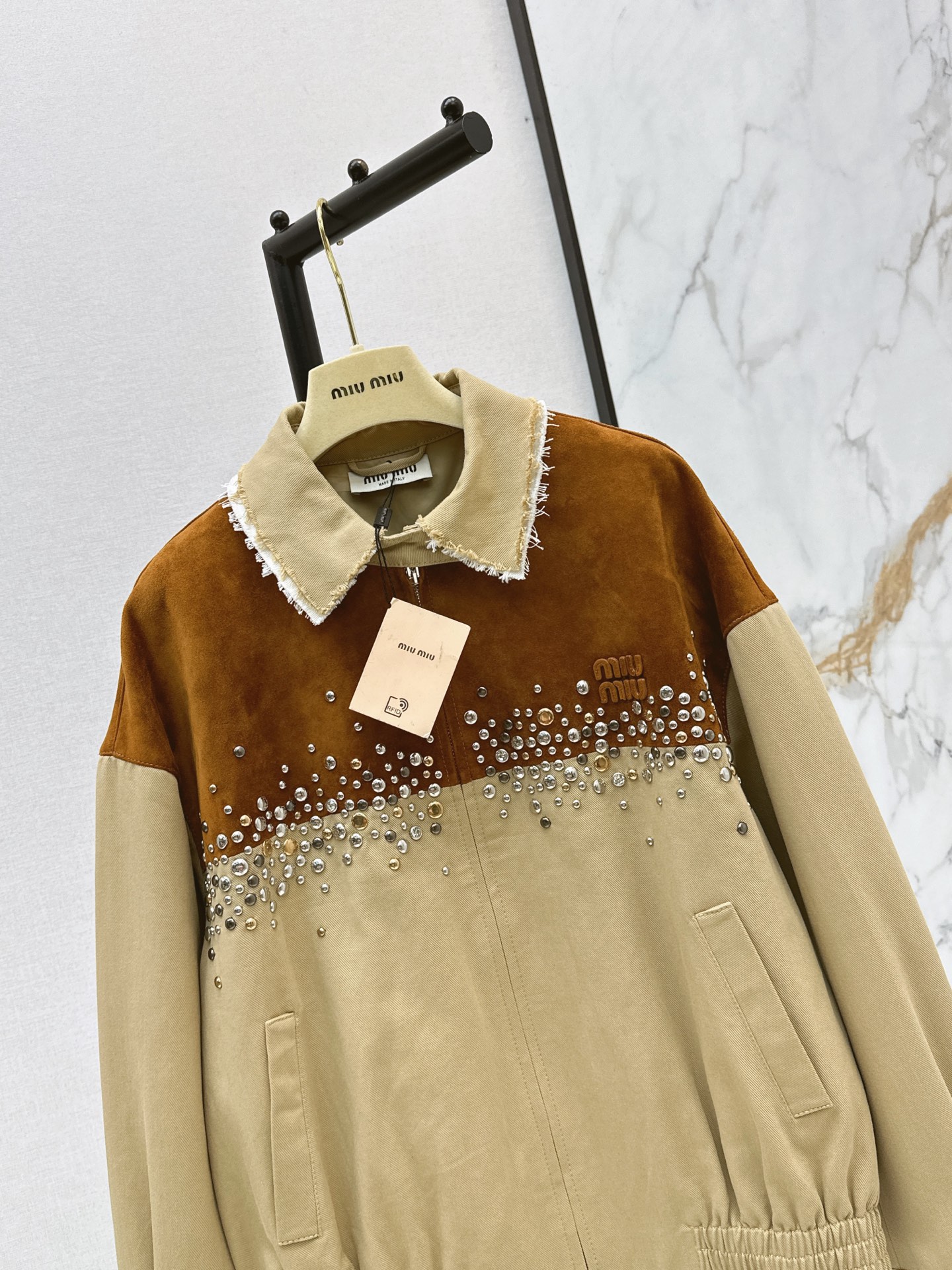 Miu 26ss rhinestone contract suede jacket