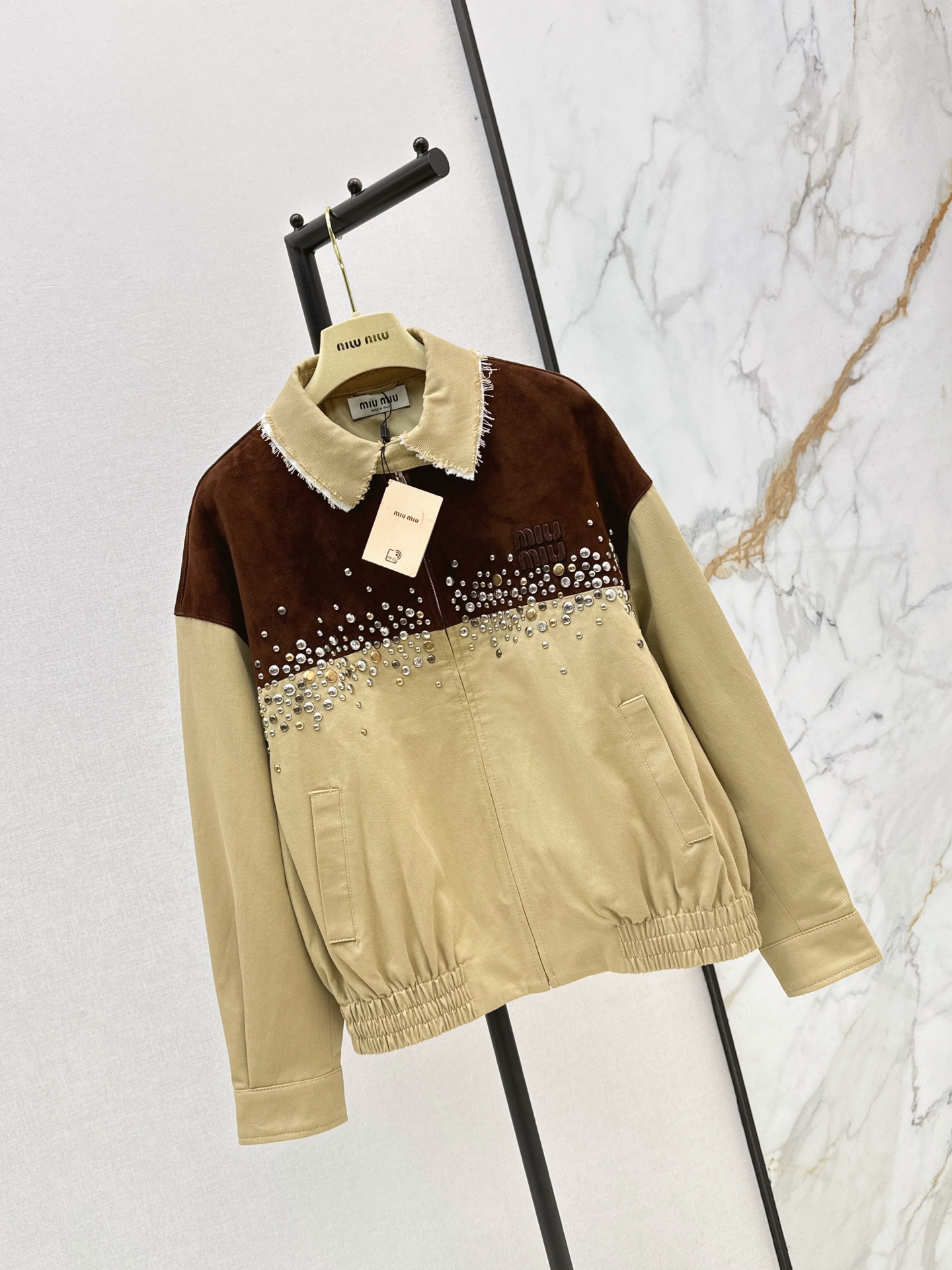 Miu 26ss rhinestone contract suede jacket
